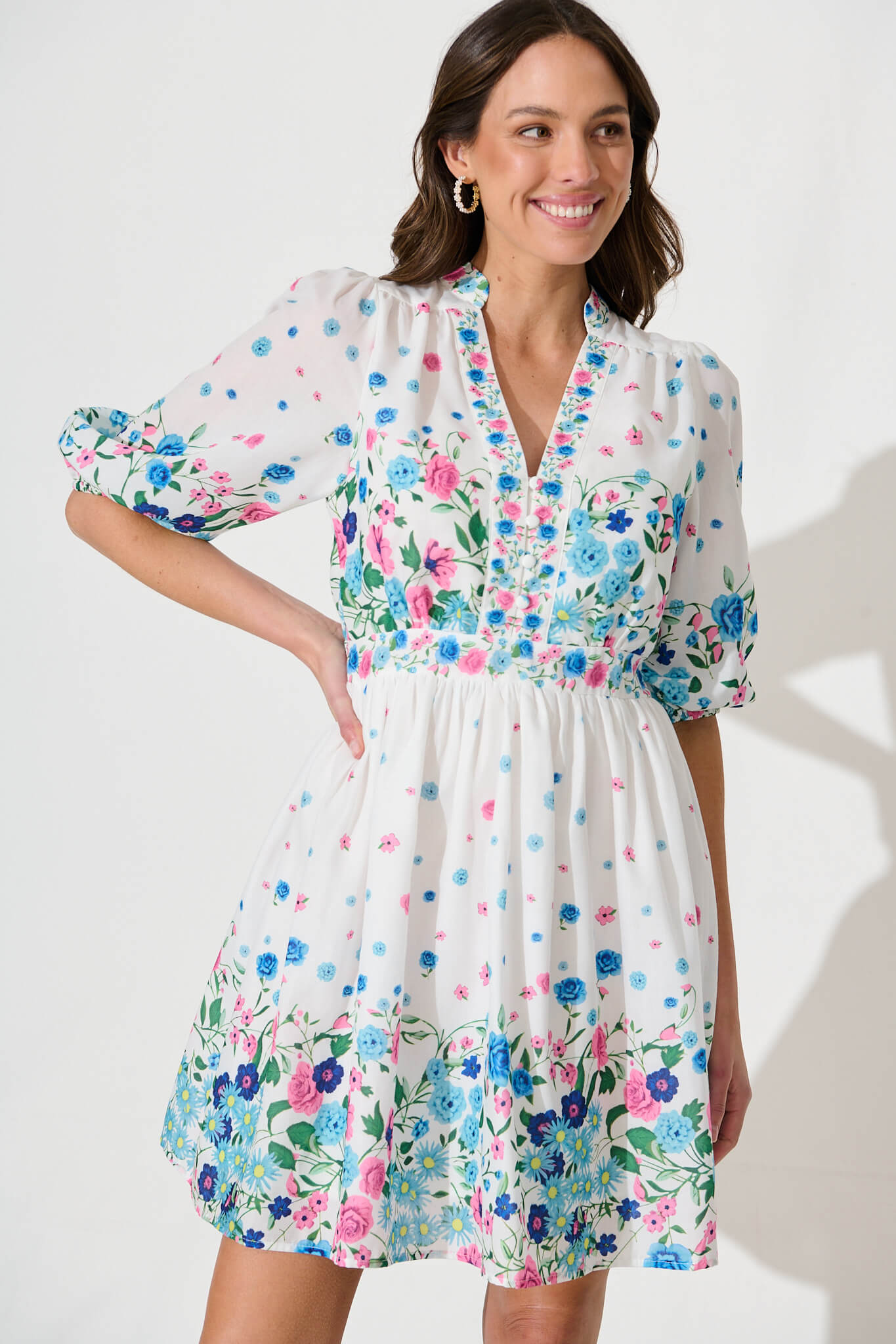 Sausalito Dress In White With Pink And Blue Floral