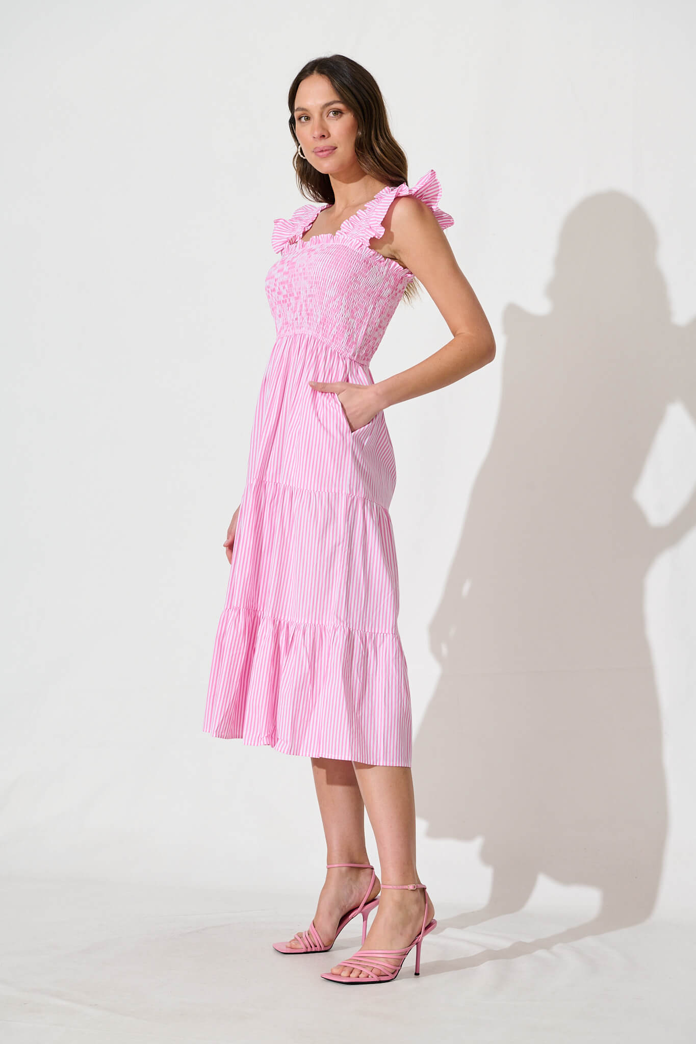 Stassi Midi Dress In Pink And White Stripe Cotton