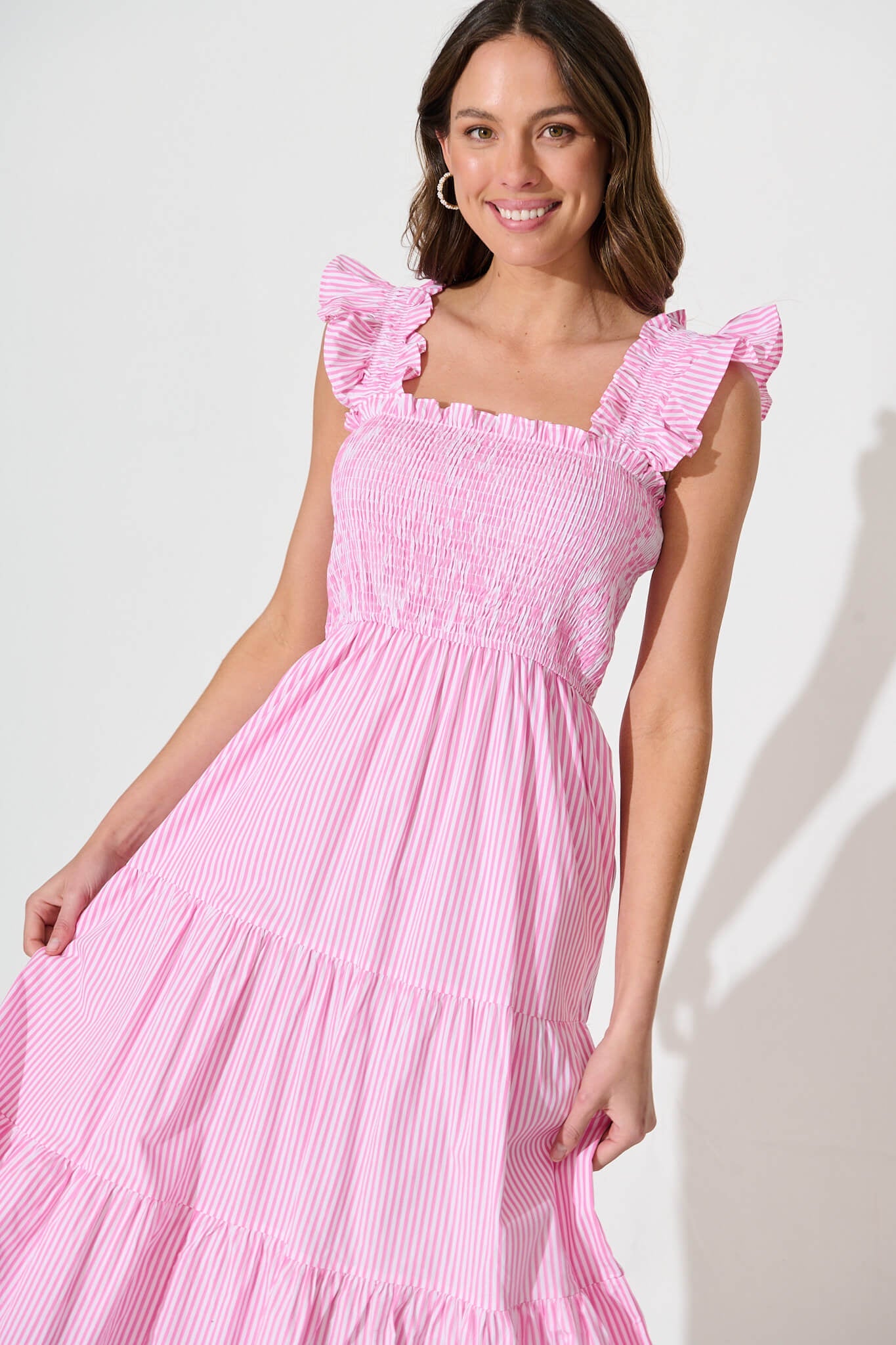 Stassi Midi Dress In Pink And White Stripe Cotton