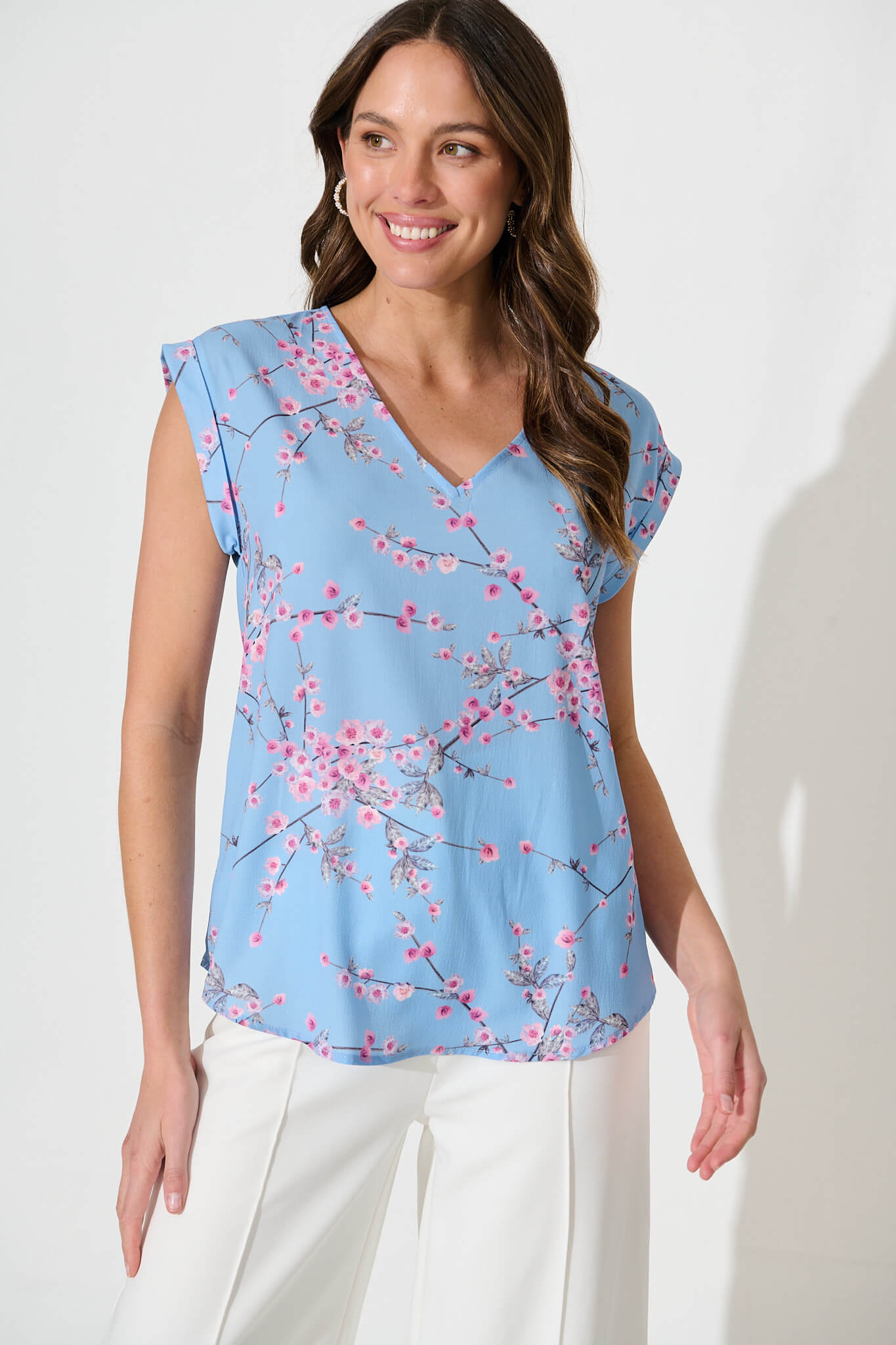 Jina Top In Pale Blue With Pink Cherry Blossom