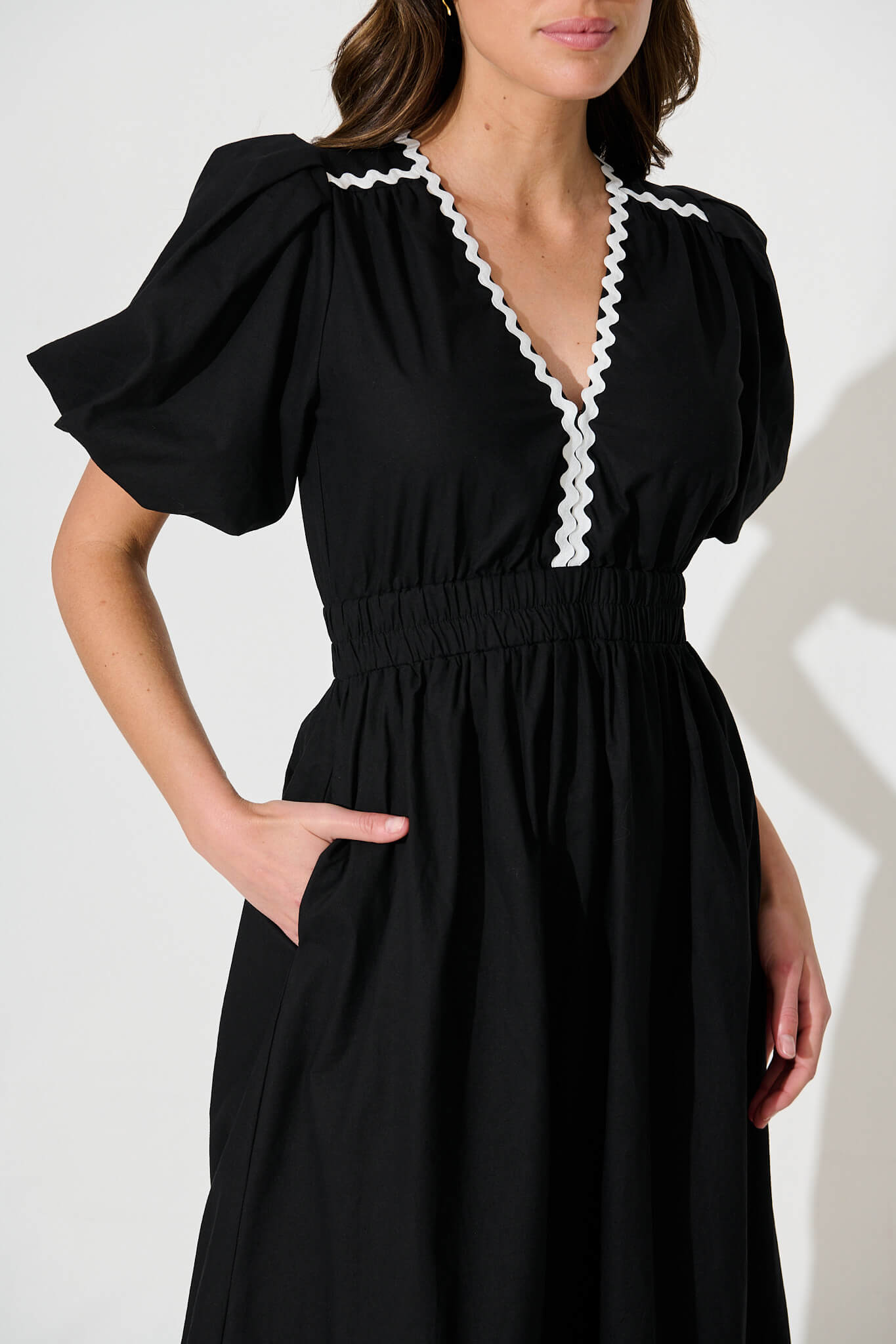 Indi Maxi Dress In Black With White Ric Rac Trim Cotton