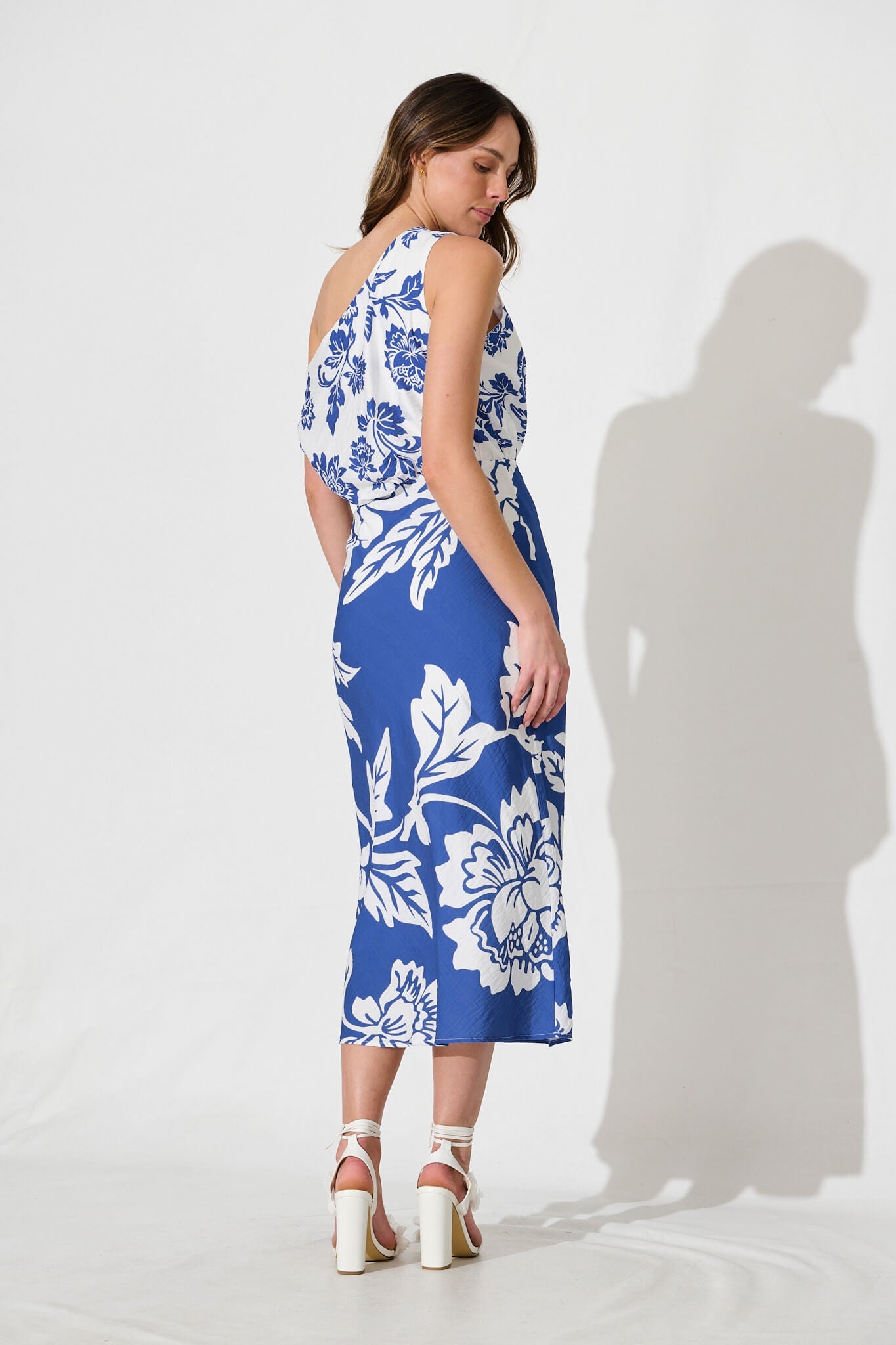 Georgiana Midi Dress in Blue with White Floral