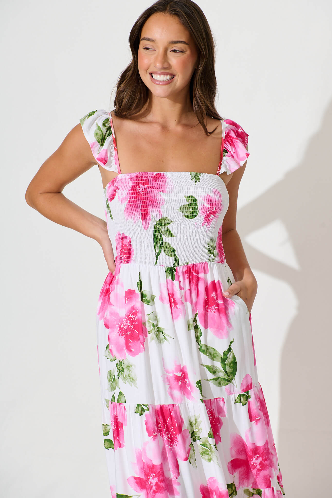 Rylee Midi Dress in White with Pink Floral Linen Blend