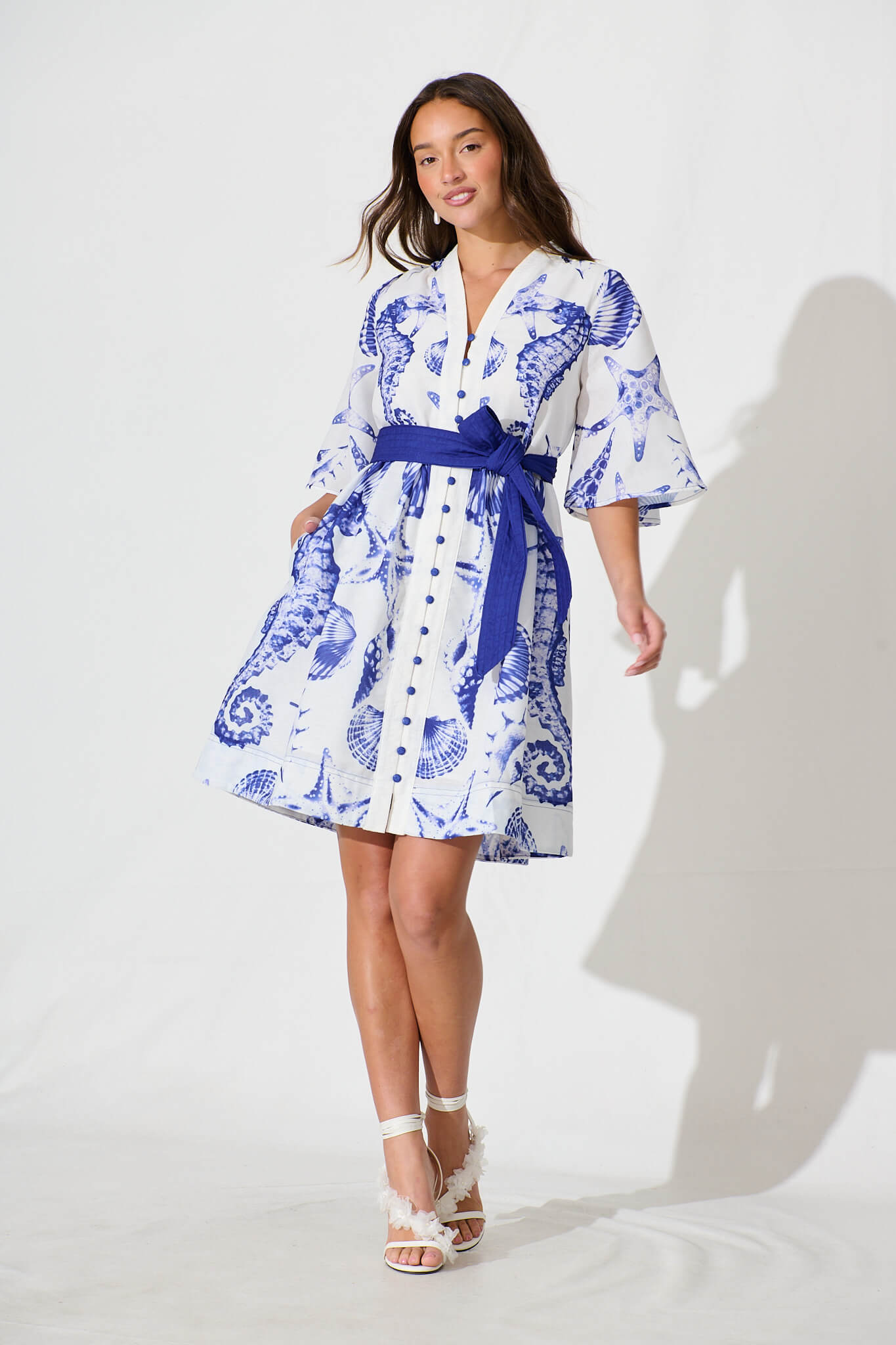 Tandie Midi Dress In White With Blue Print Linen Blend