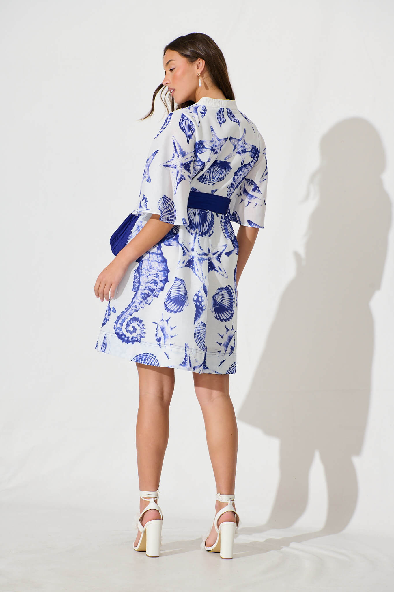Tandie Midi Dress In White With Blue Print Linen Blend