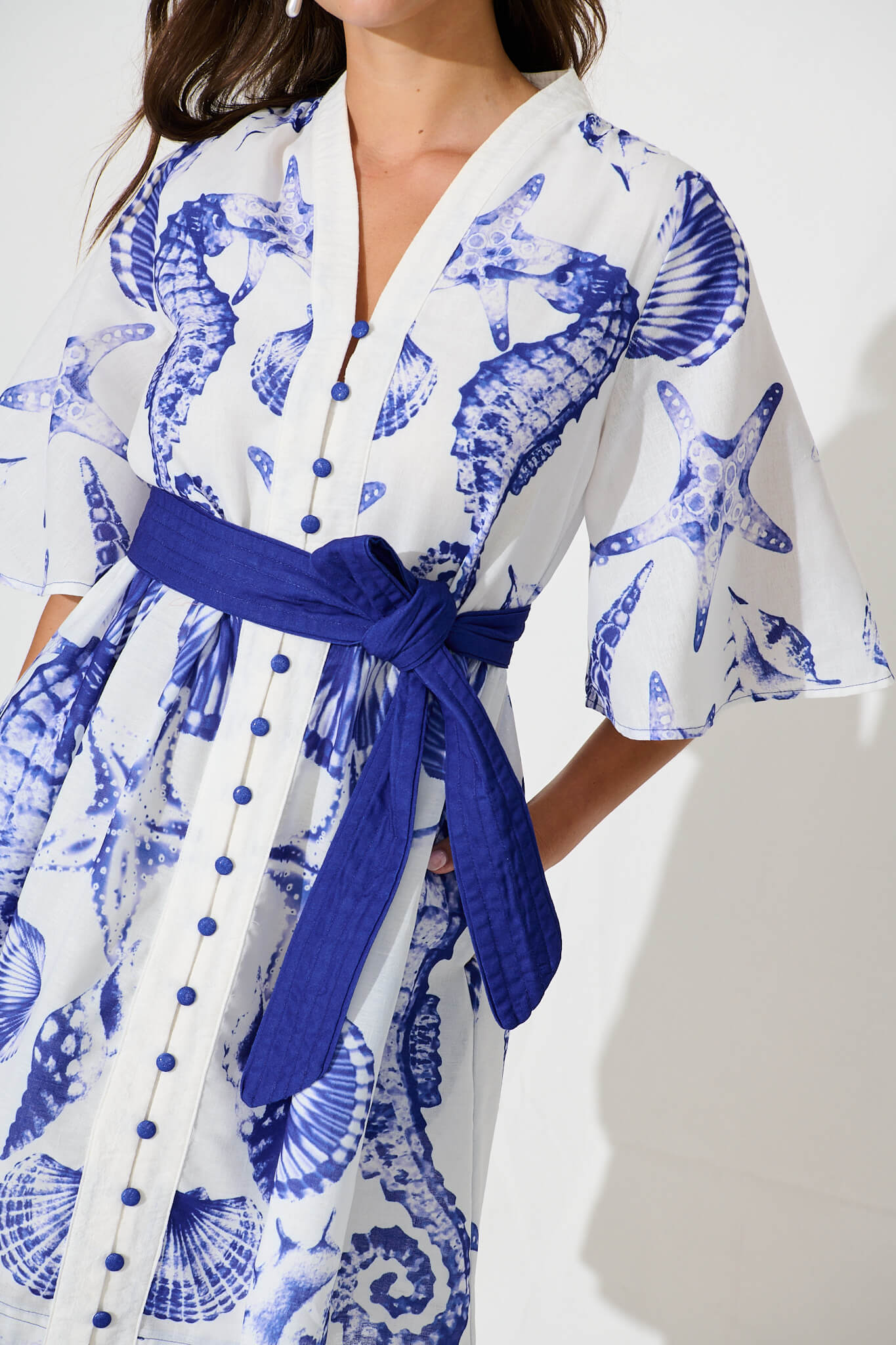 Tandie Midi Dress In White With Blue Print Linen Blend