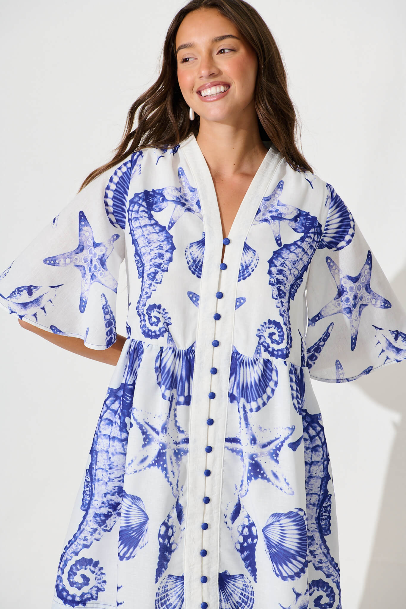 Tandie Midi Dress In White With Blue Print Linen Blend
