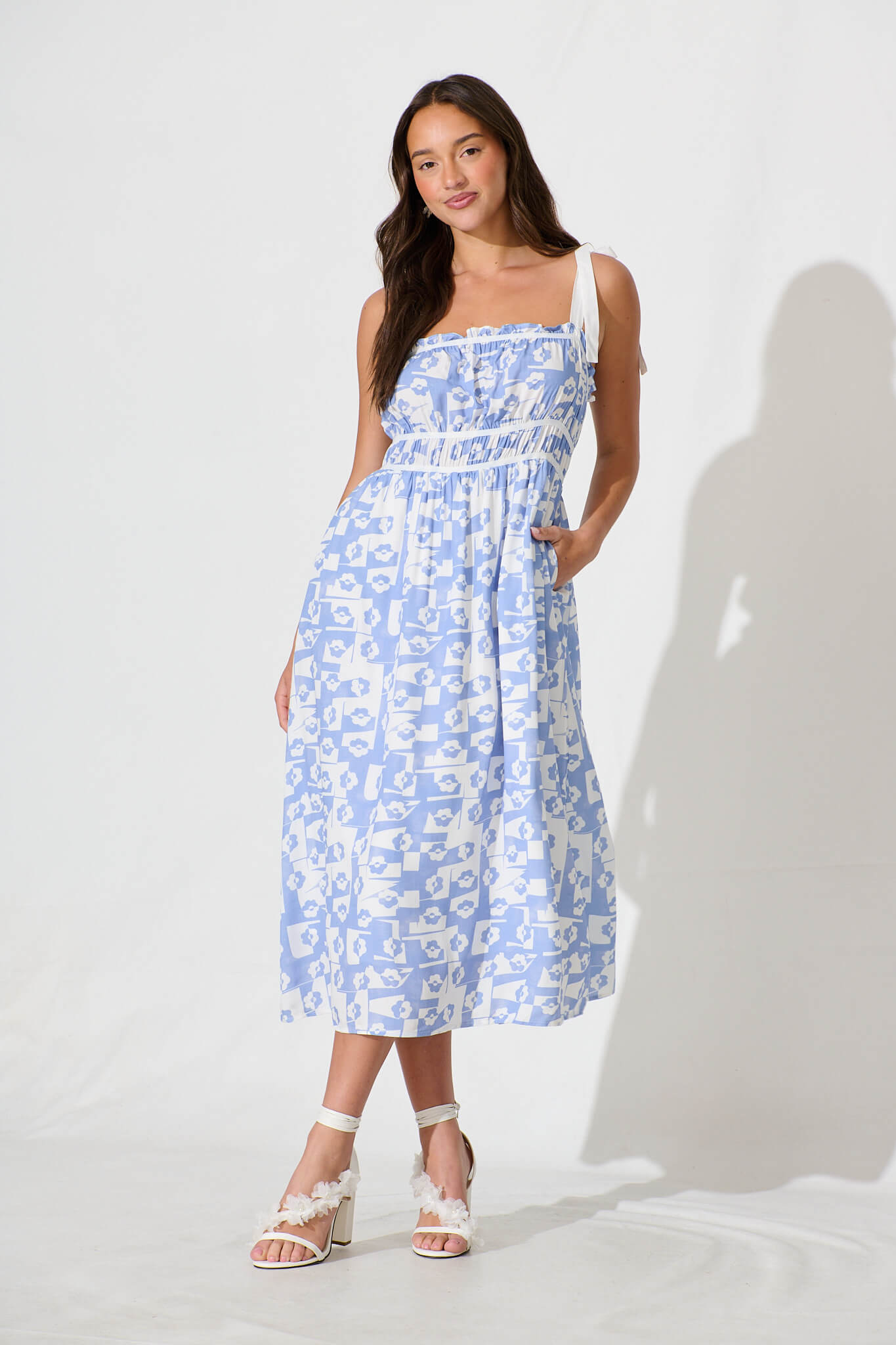 Cataleya Midi Sundress In White And Blue Linen Blend