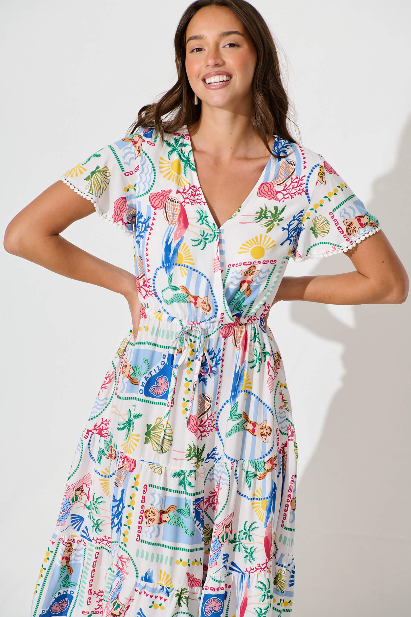 Caspia Midi Dress in White Multi Summer with Ric Rac Trim