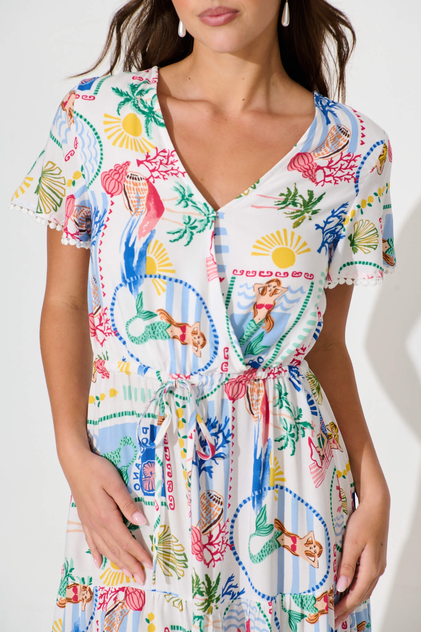 Caspia Midi Dress in White Multi Summer with Ric Rac Trim