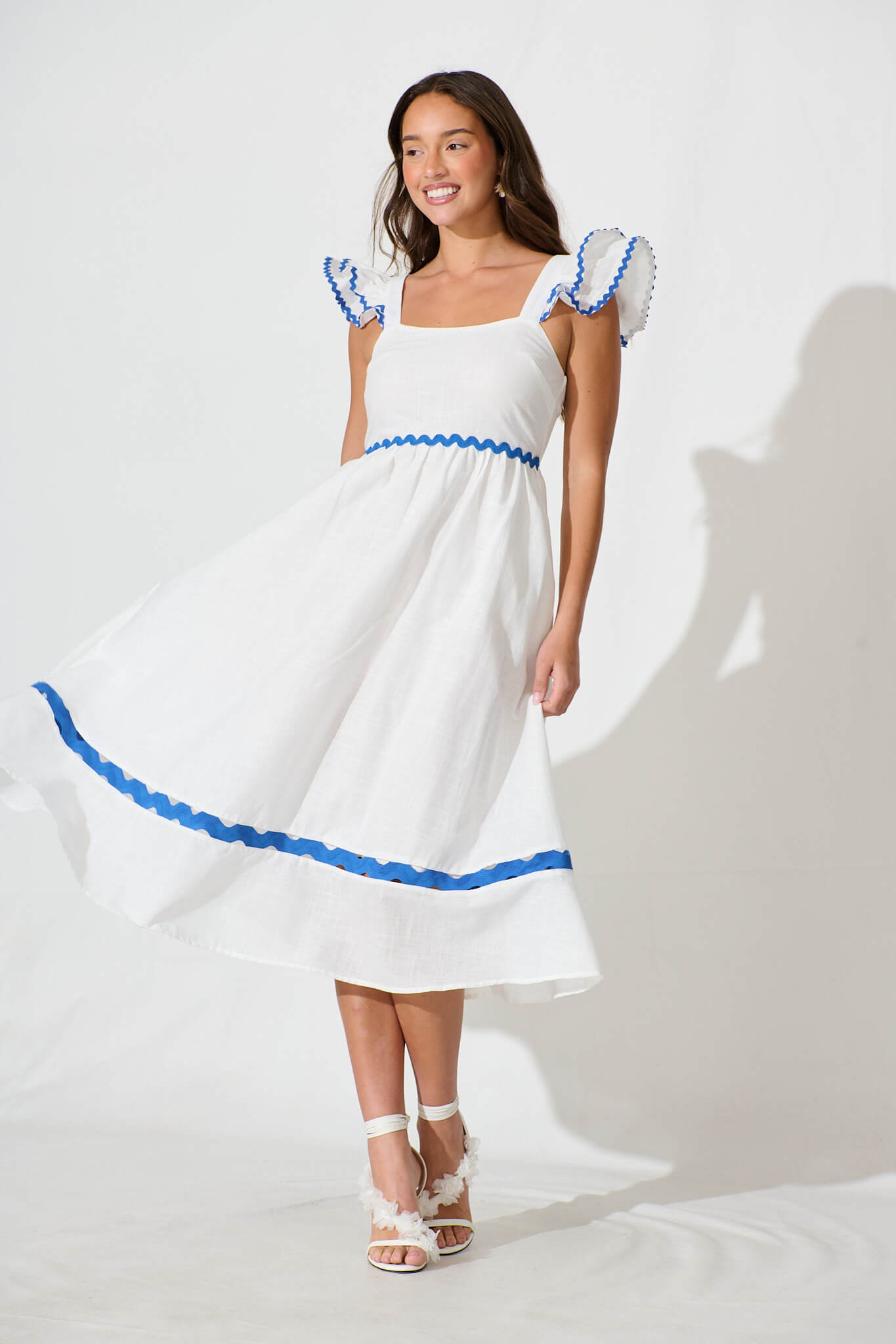 Miami Midi Dress In White With Blue Ric Rac Cotton