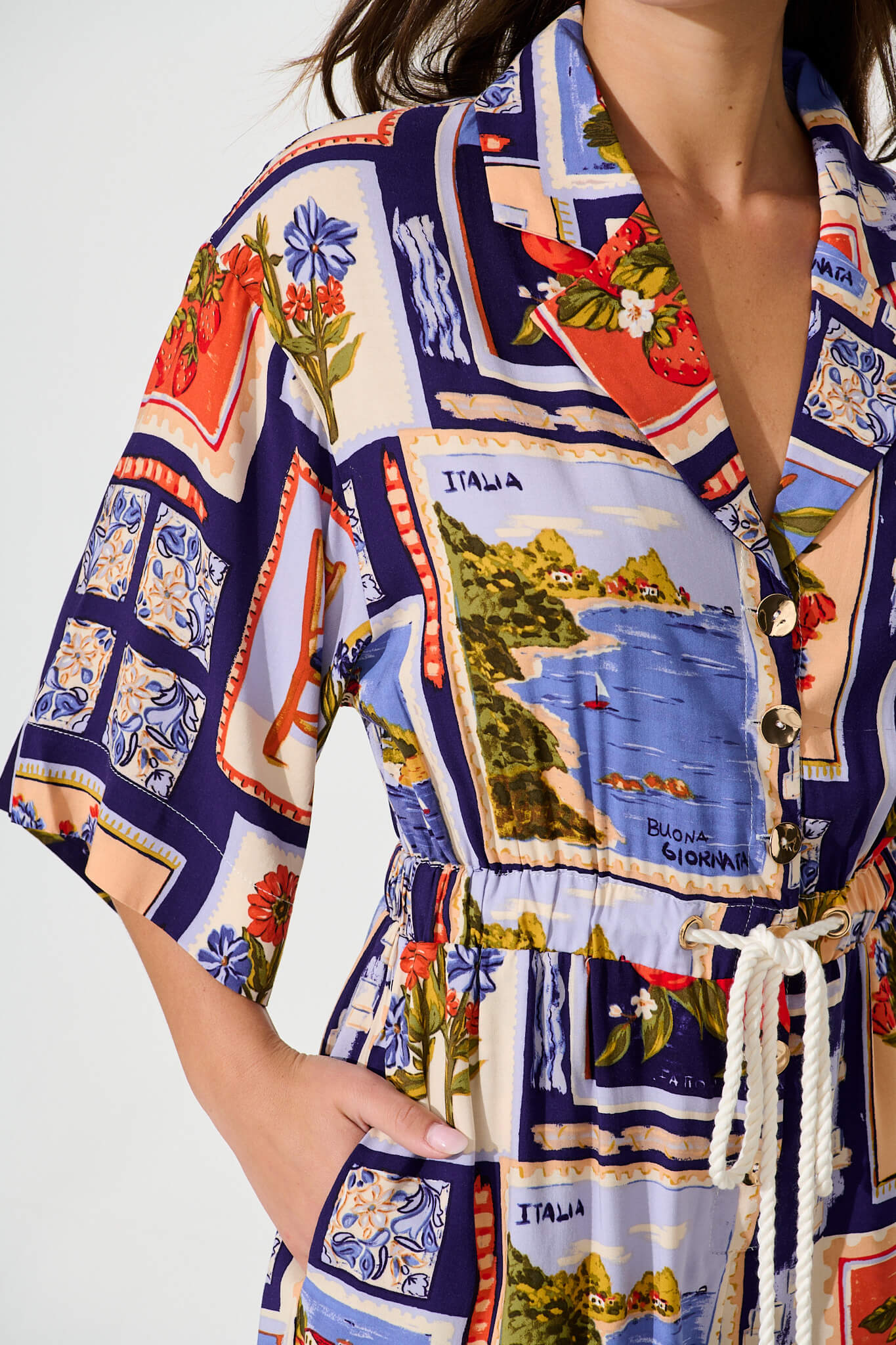 Maui Playsuit In Blue Multi Postcard Print