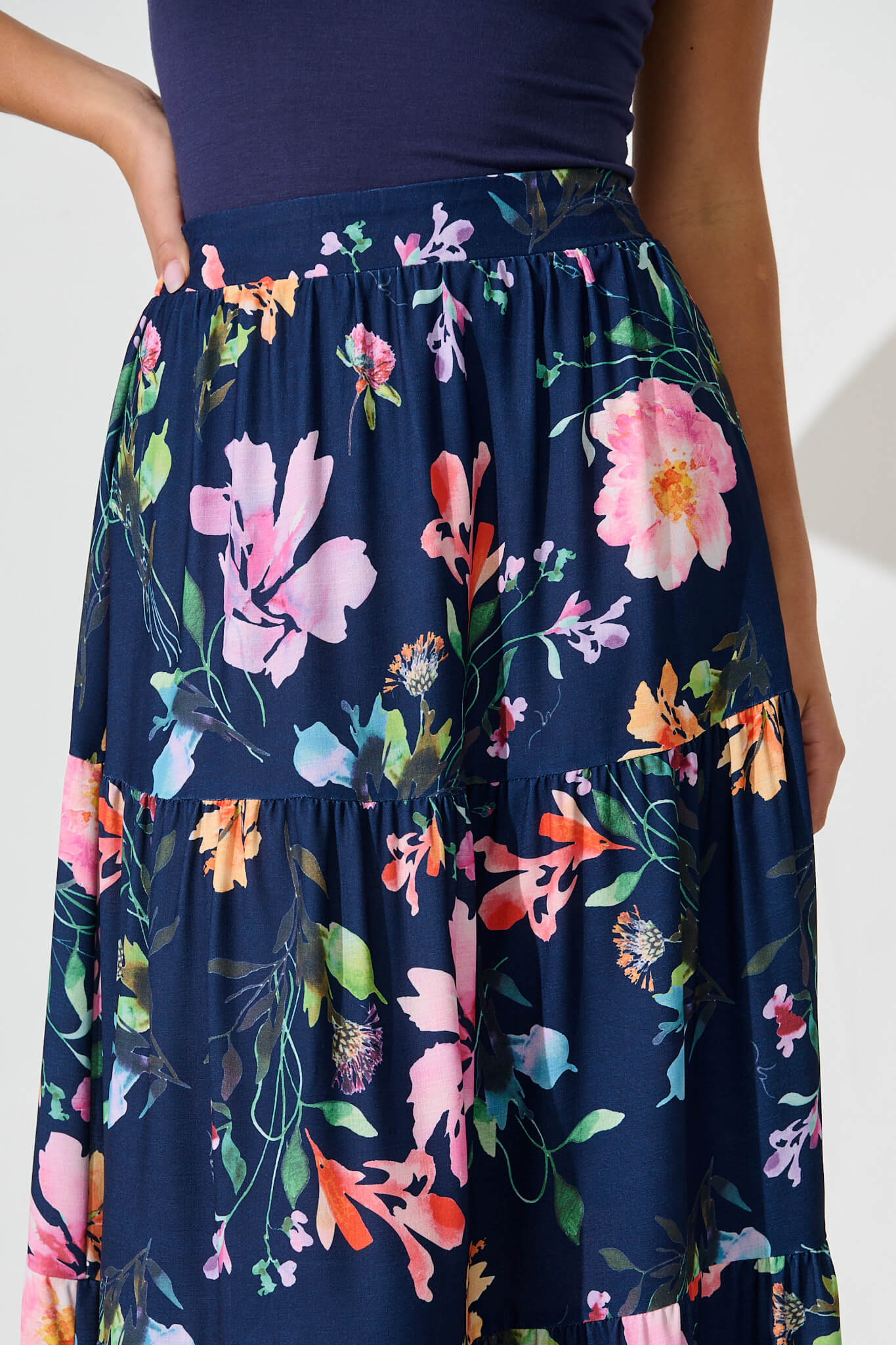 Newmoon Maxi Skirt In Navy With Multi Floral Print