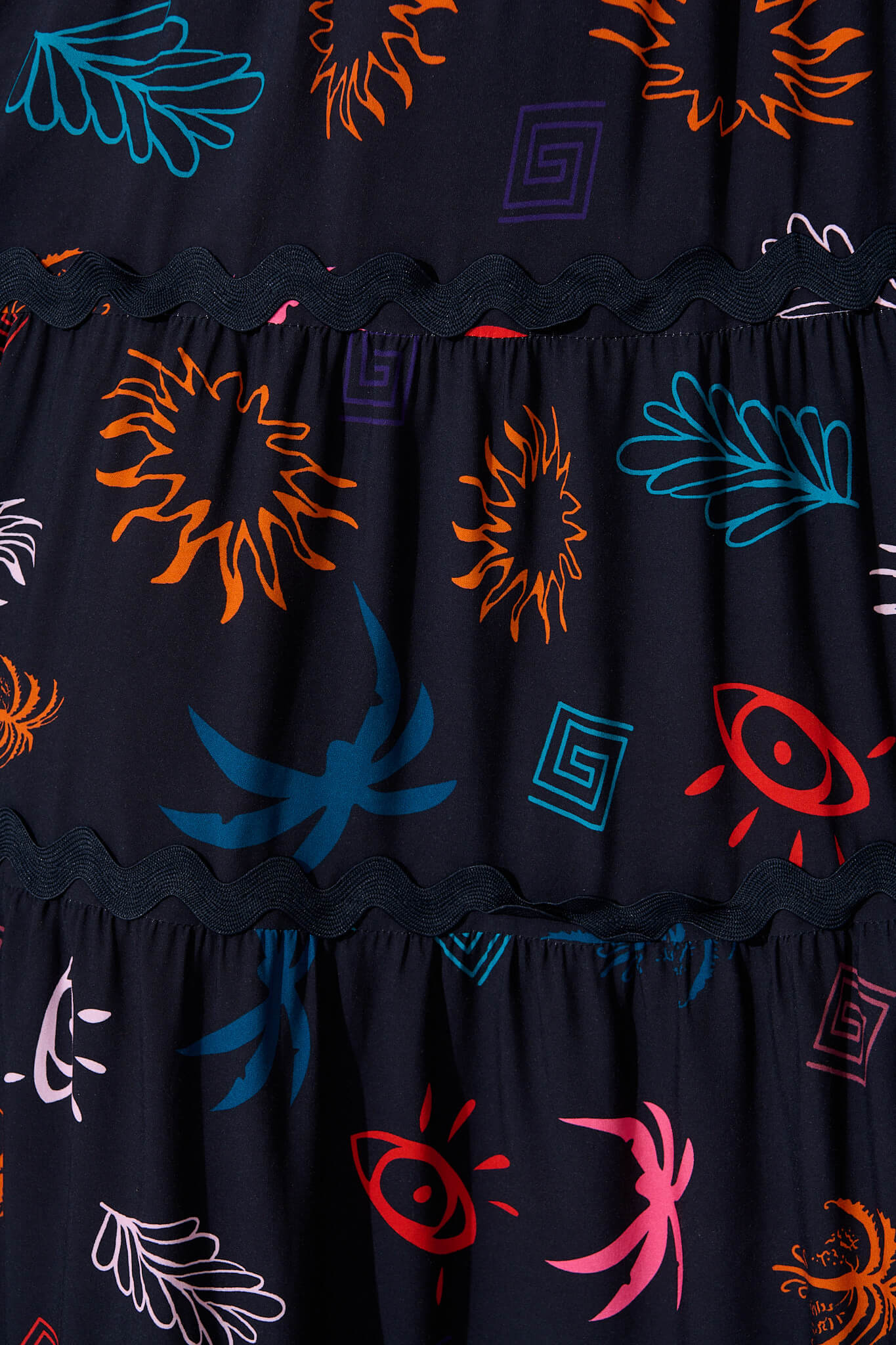 Jolie Maxi Sundress in Navy Print With Black Ric Rac Trim