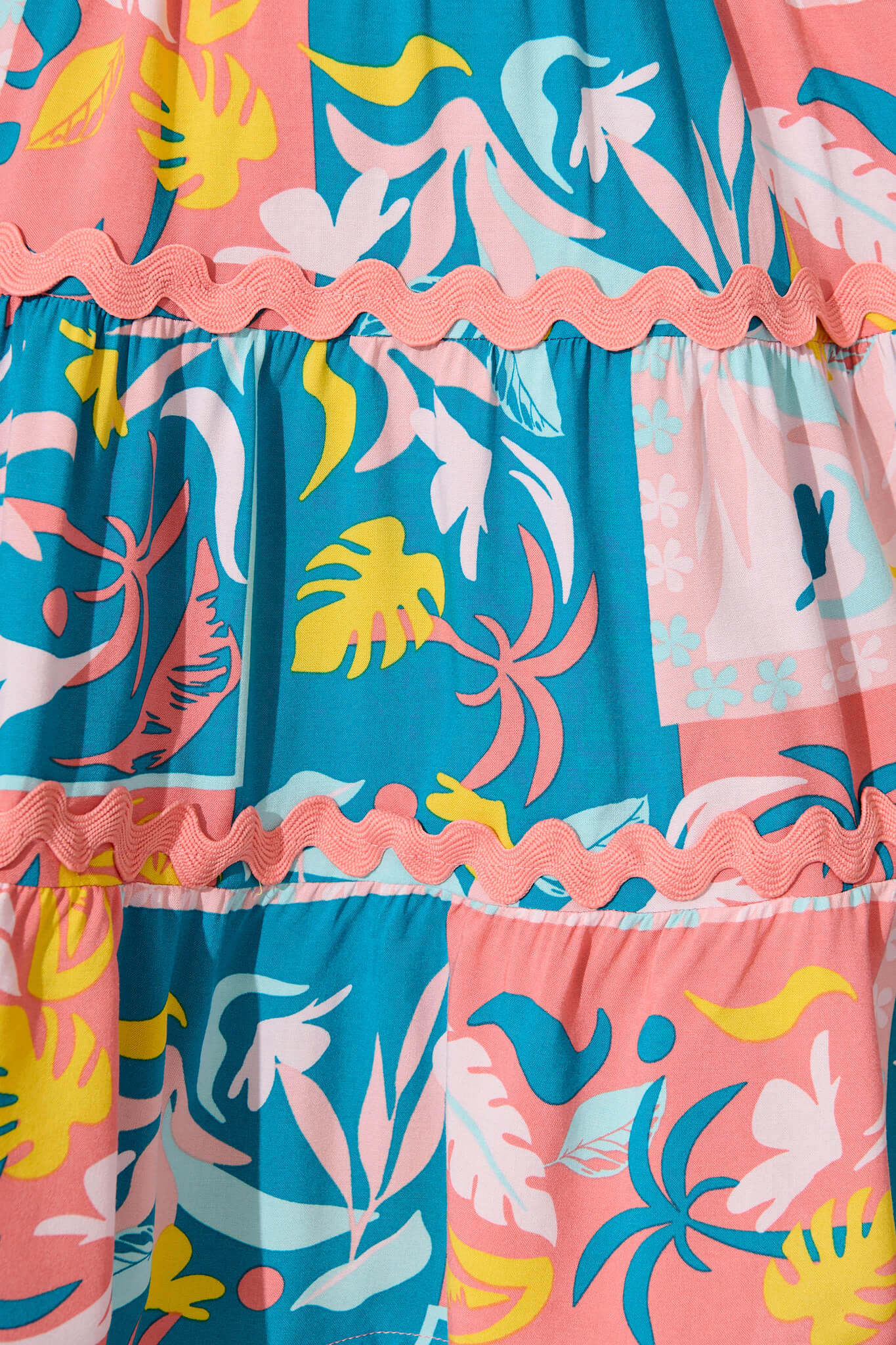 Rimini Dress In Blue Multi Print With Pink Ric Rac Trim