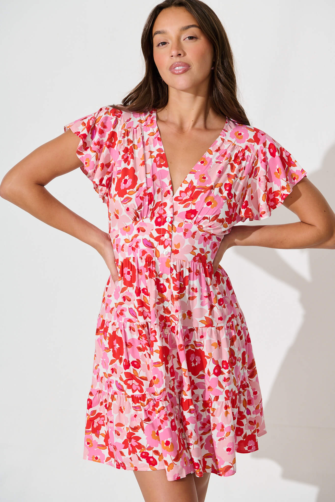 Lovina Dress in Pink Red Floral