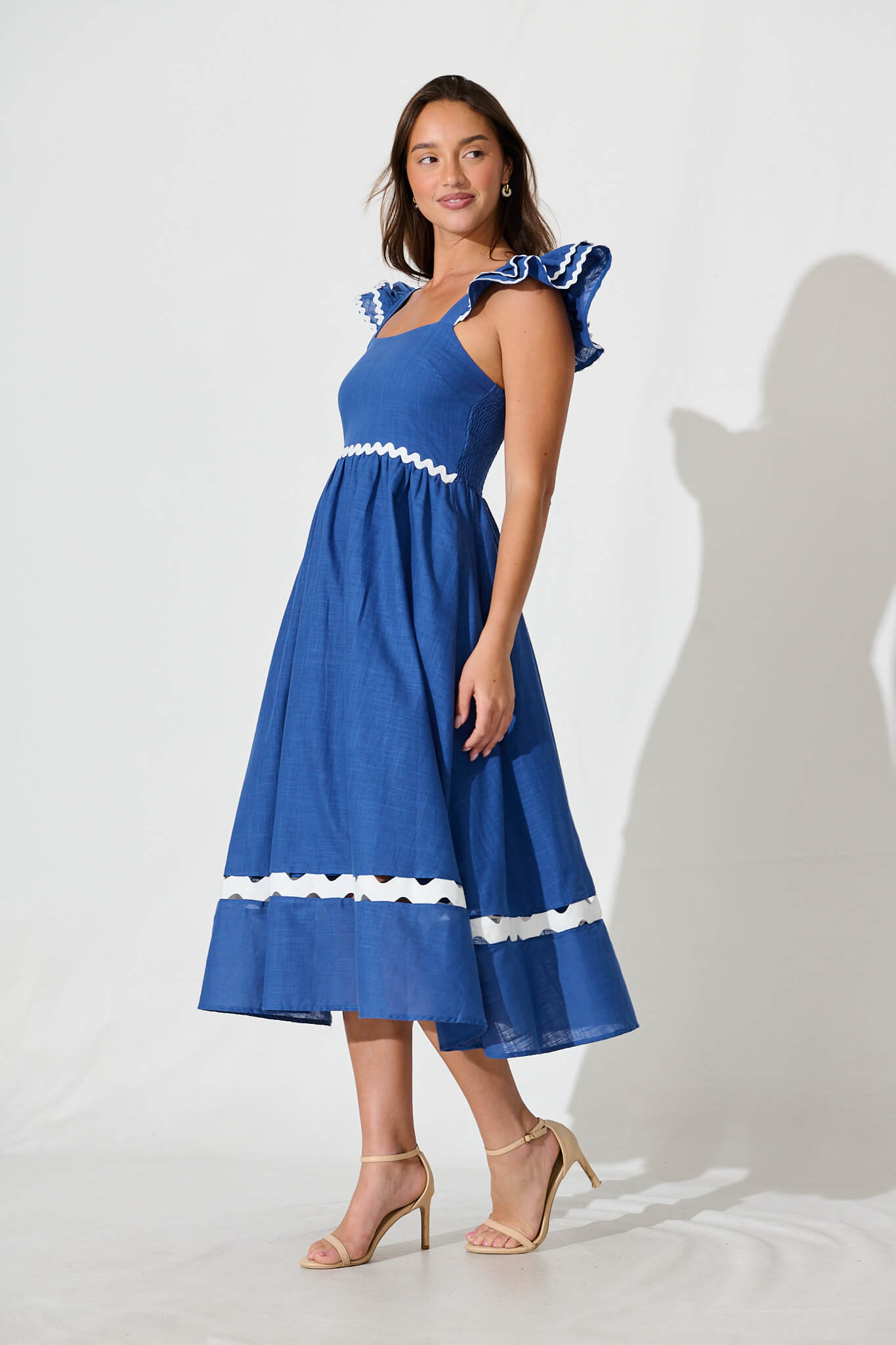 Miami Midi Dress In Blue With White Ric Rac Cotton