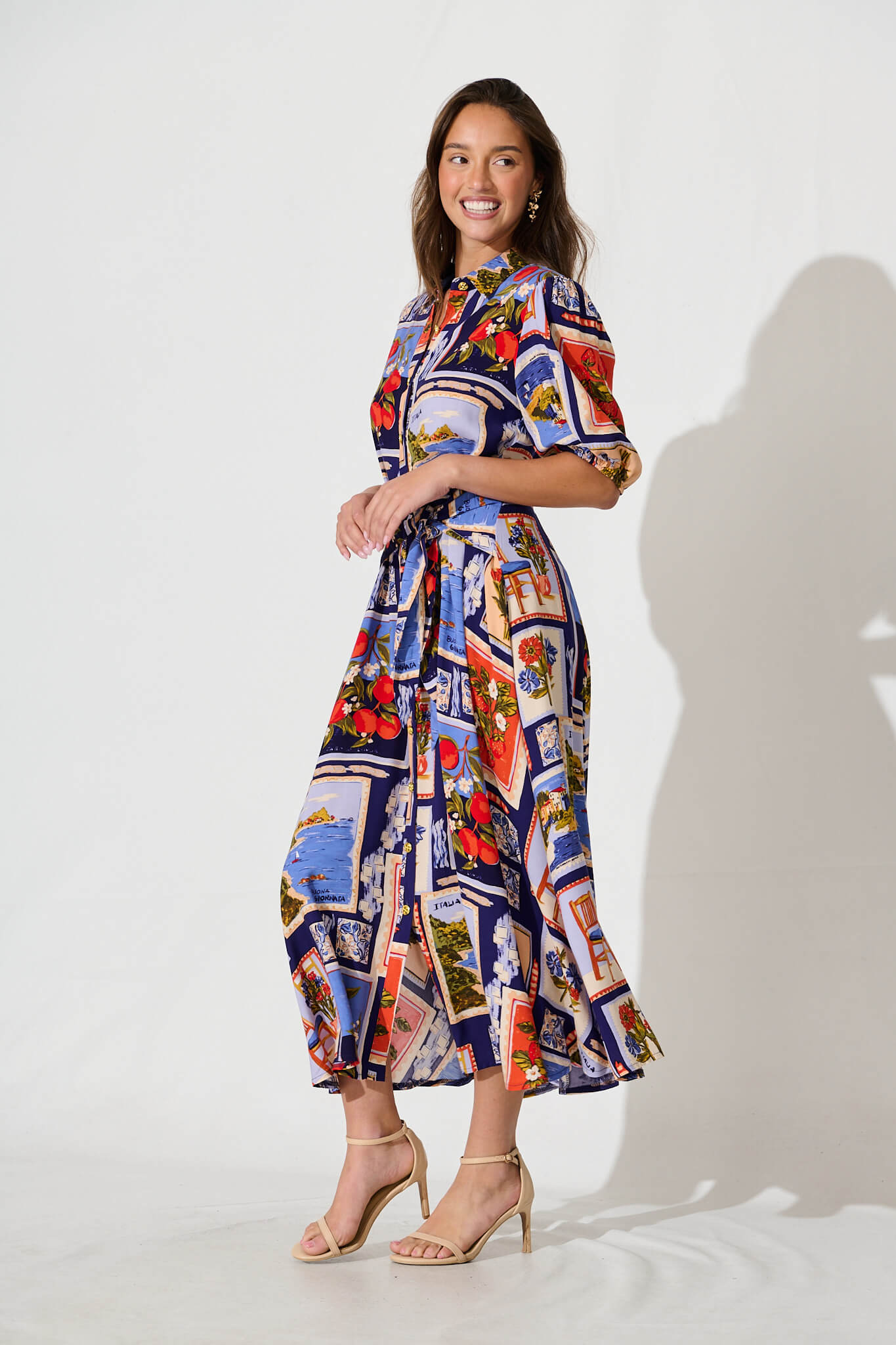 Bella Maxi Shirt Dress In Blue Multi Postcard Print