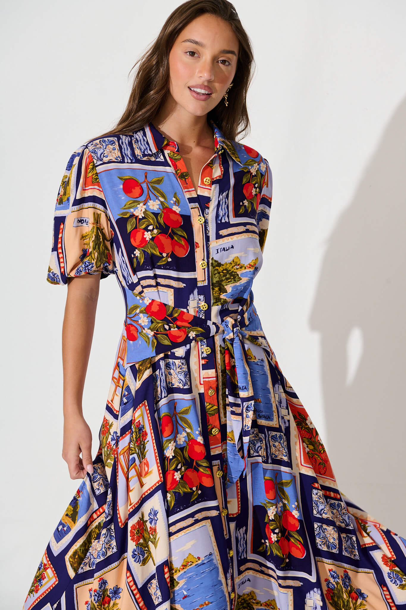 Bella Maxi Shirt Dress In Blue Multi Postcard Print