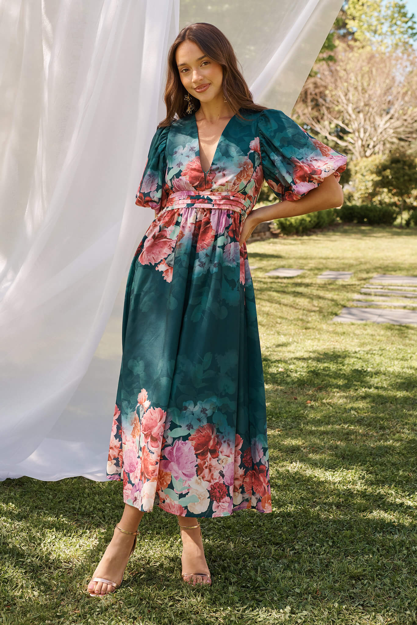Divine Maxi Dress In Emerald With Pink Multi Floral Print