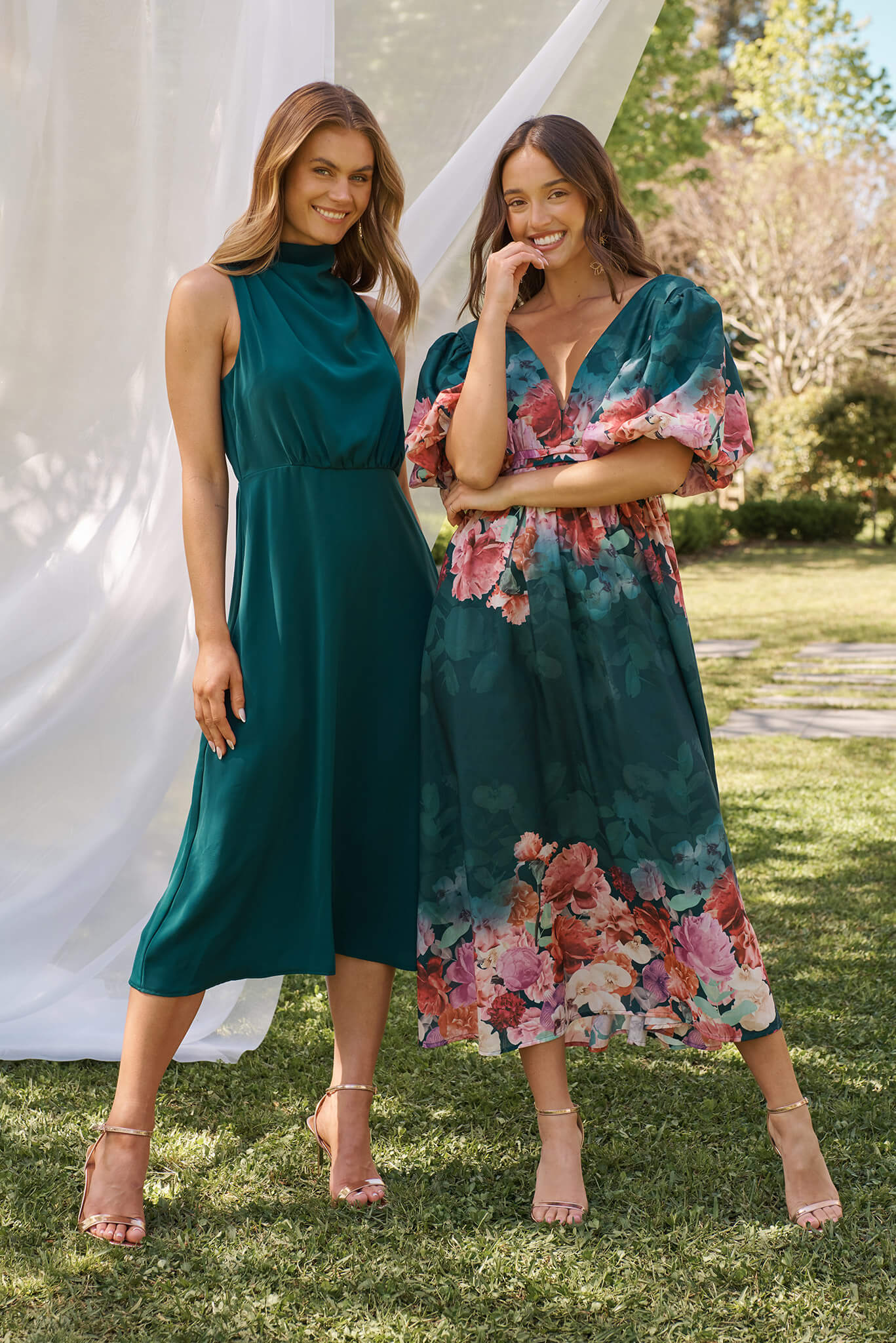 Divine Maxi Dress In Emerald With Pink Multi Floral Print