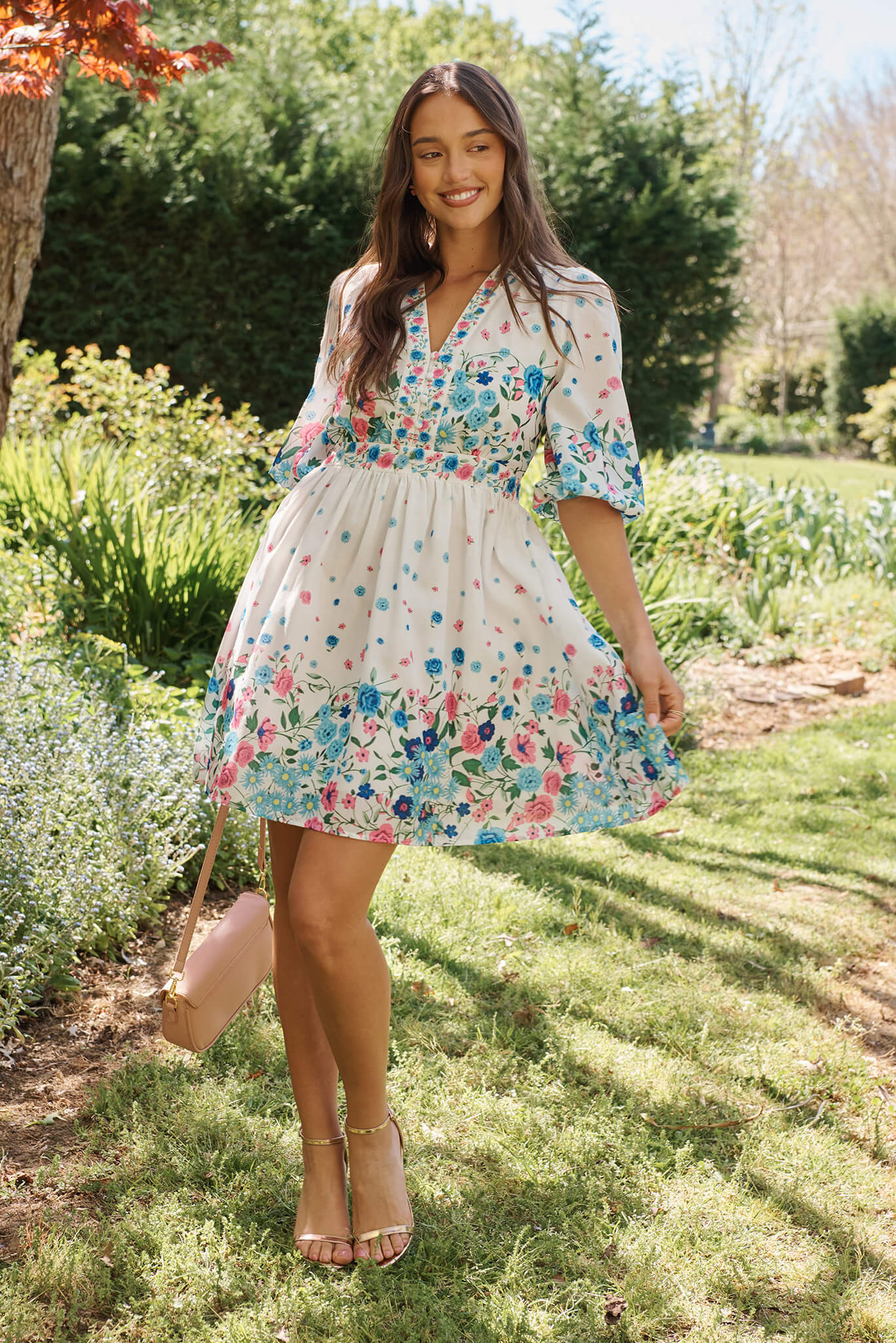 Sausalito Dress In White With Pink And Blue Floral