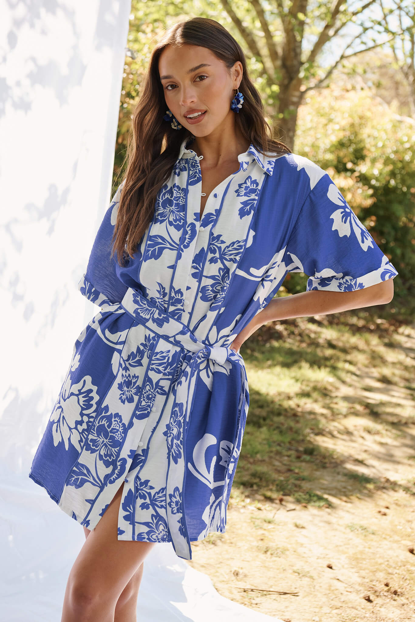 Spirit Shirt Dress In Blue With White Floral Print