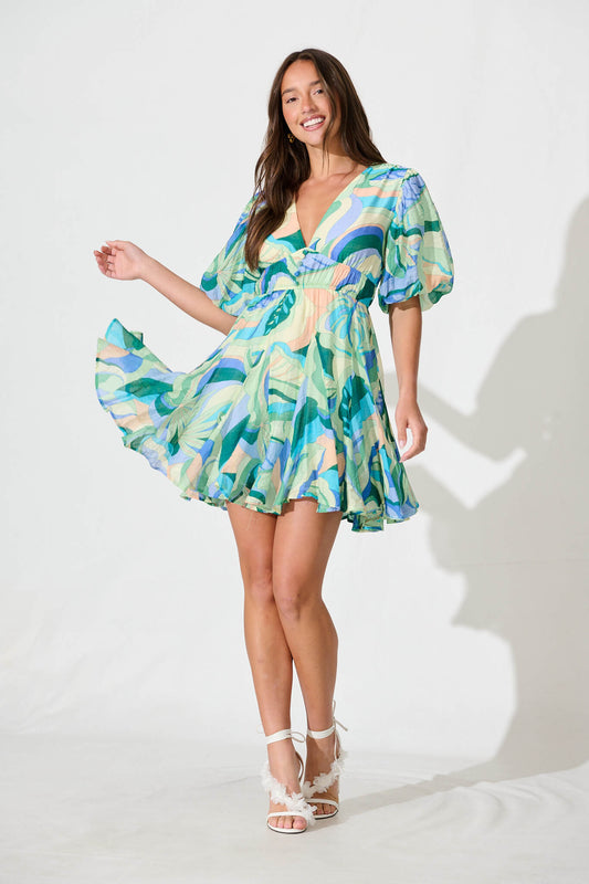 Adalynn Dress in Blue with Green Print