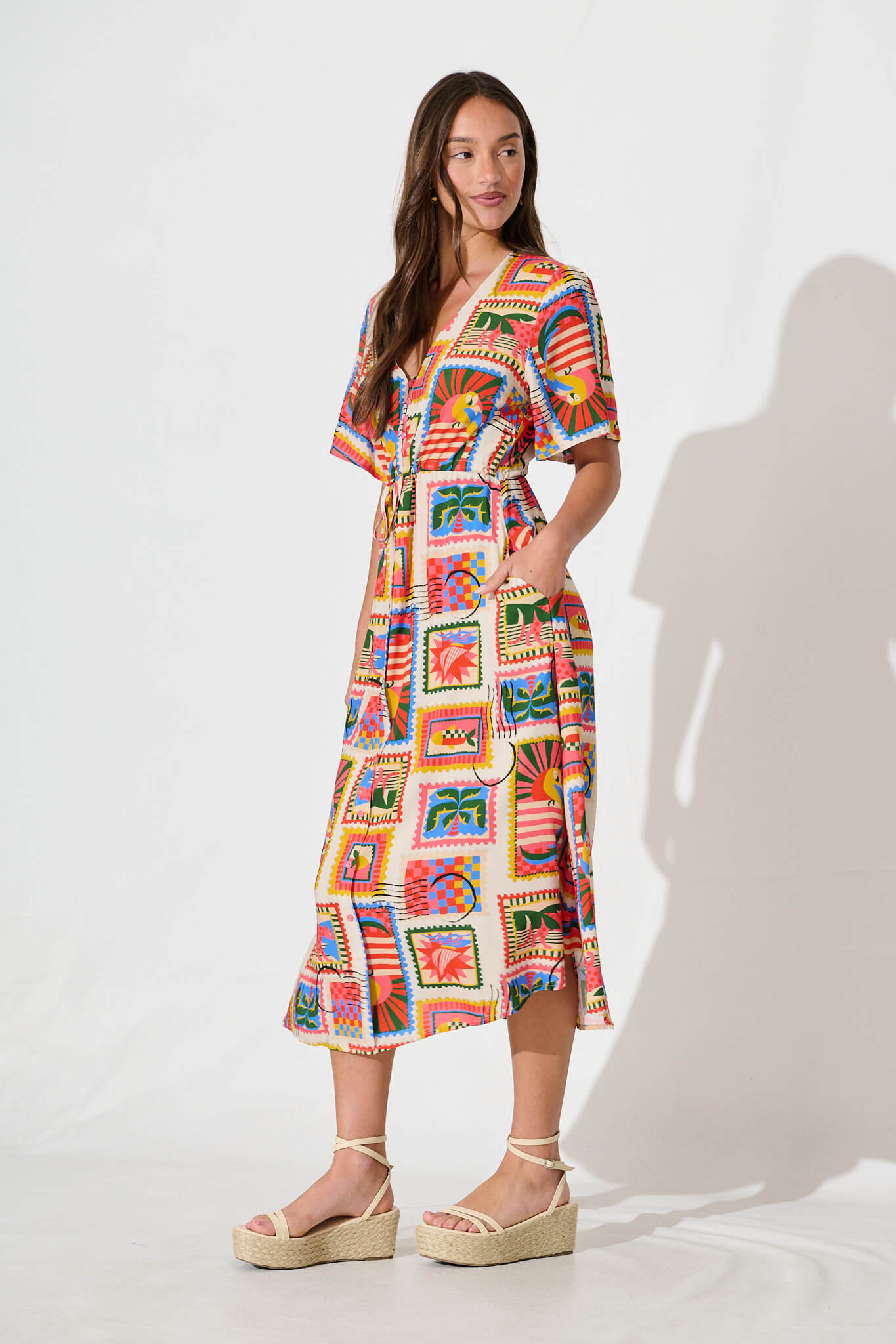 PRE ORDER Melody Midi Dress In Bright Multi Postcard Print