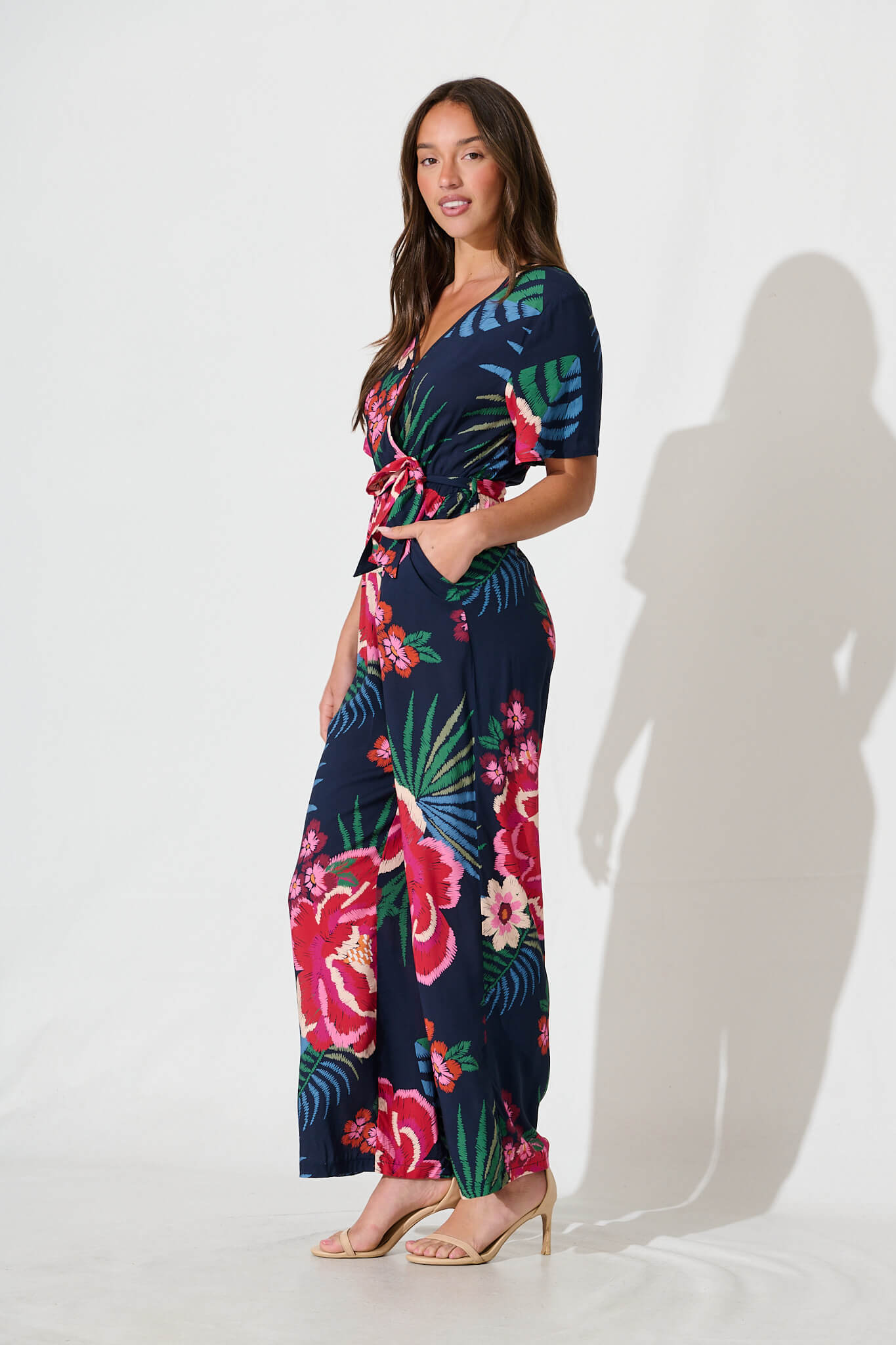 Calliope Jumpsuit In Navy With Red Floral Print