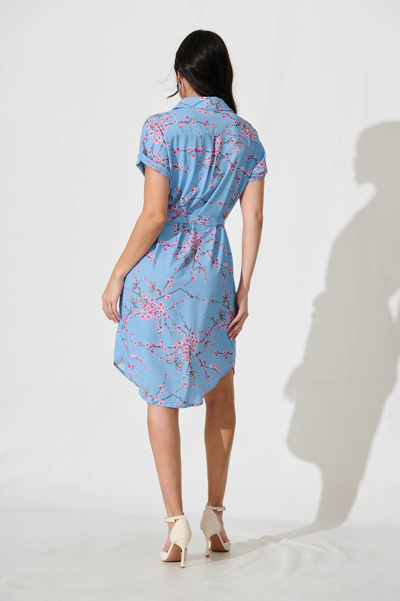 Maddison Shirt Dress In Pale Blue With Pink Cherry Blossom