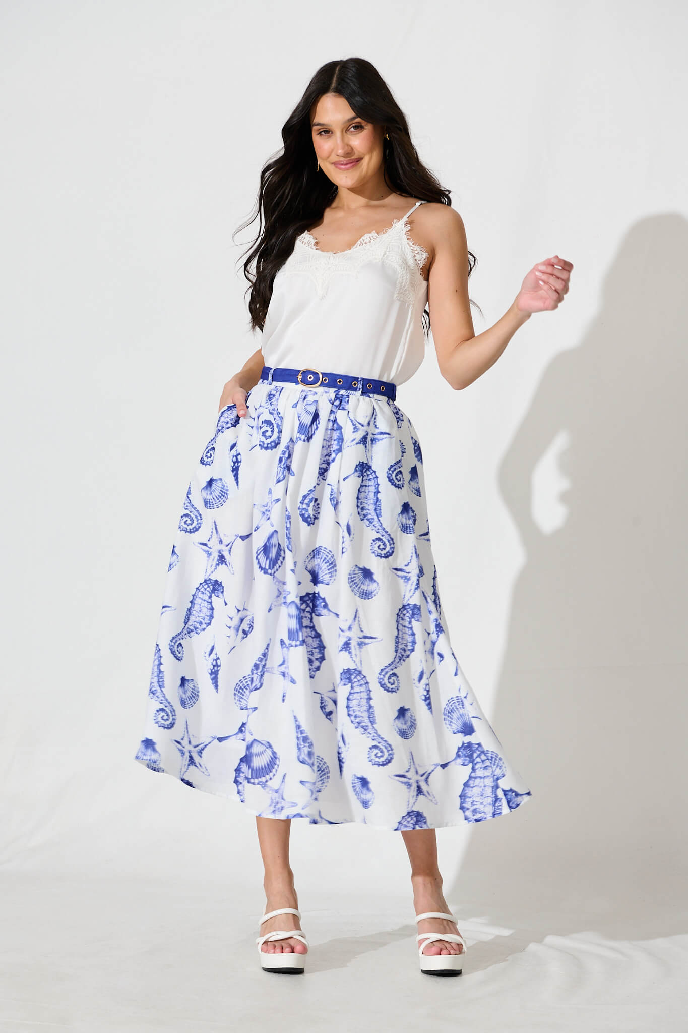 Hestia Midi Skirt in White with Blue Print Linen Blend