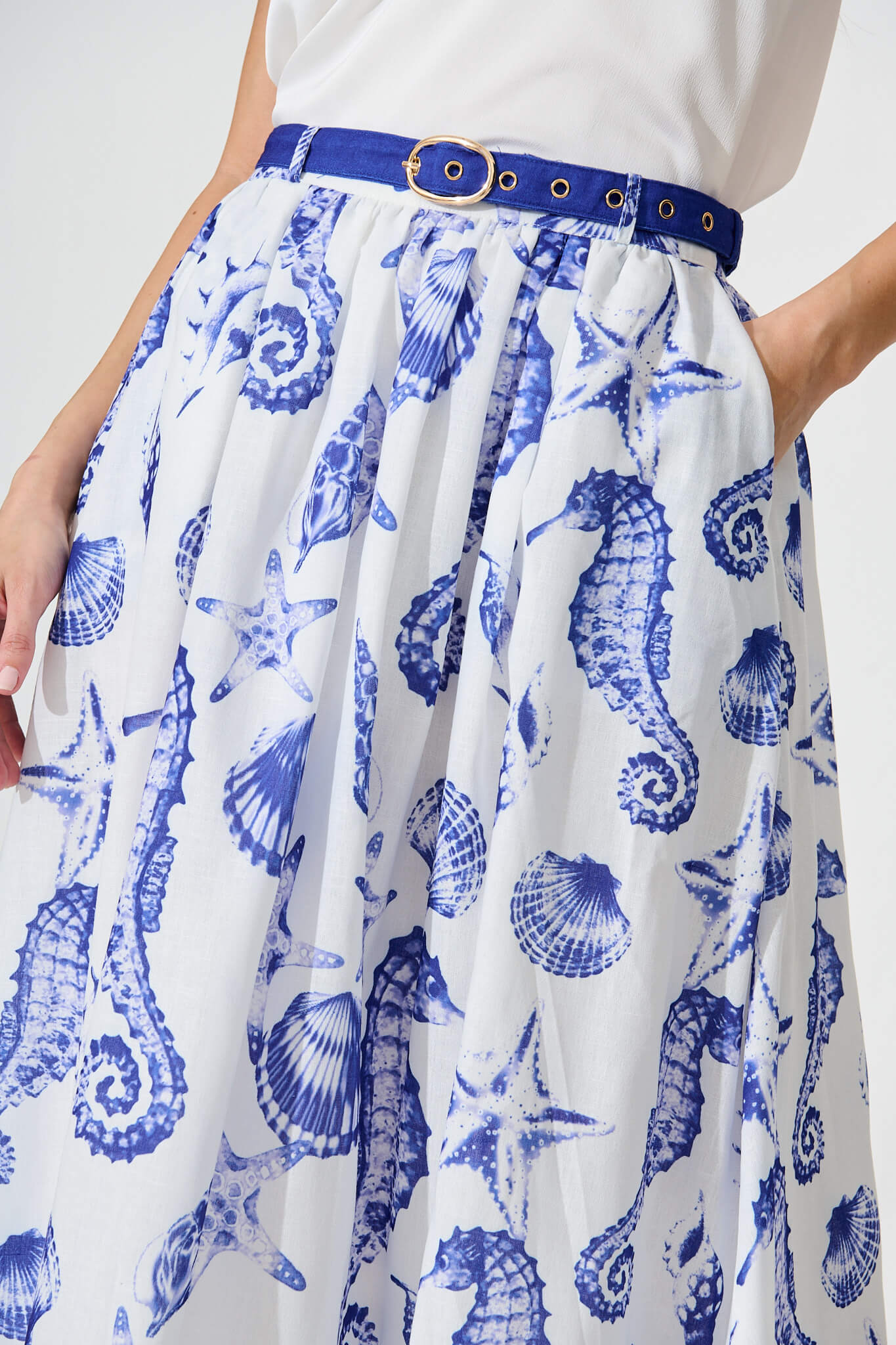 Hestia Midi Skirt in White with Blue Print Linen Blend