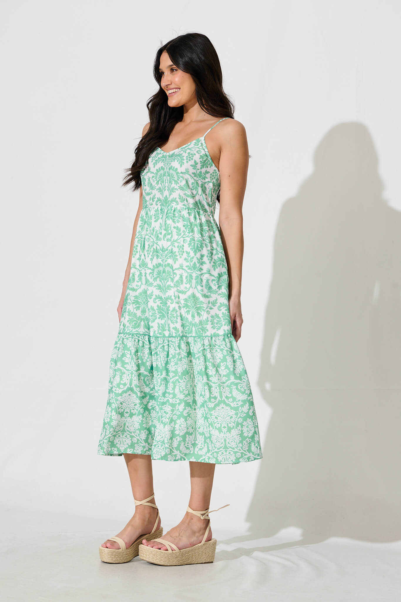 Pavarti Midi Sundress in Mint Green Floral Linen Blend