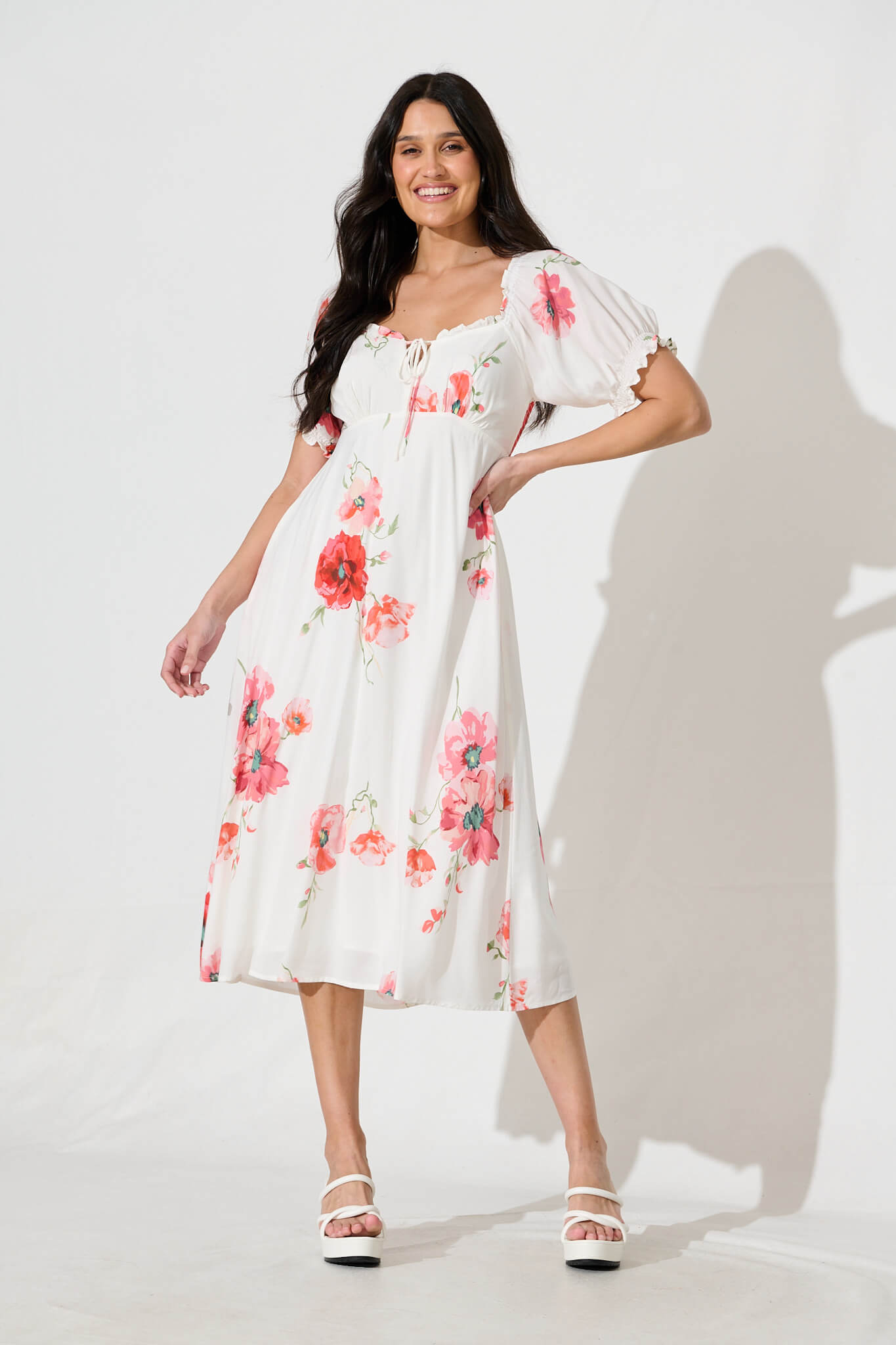 Doncia Midi Dress in White with Multi Red Floral