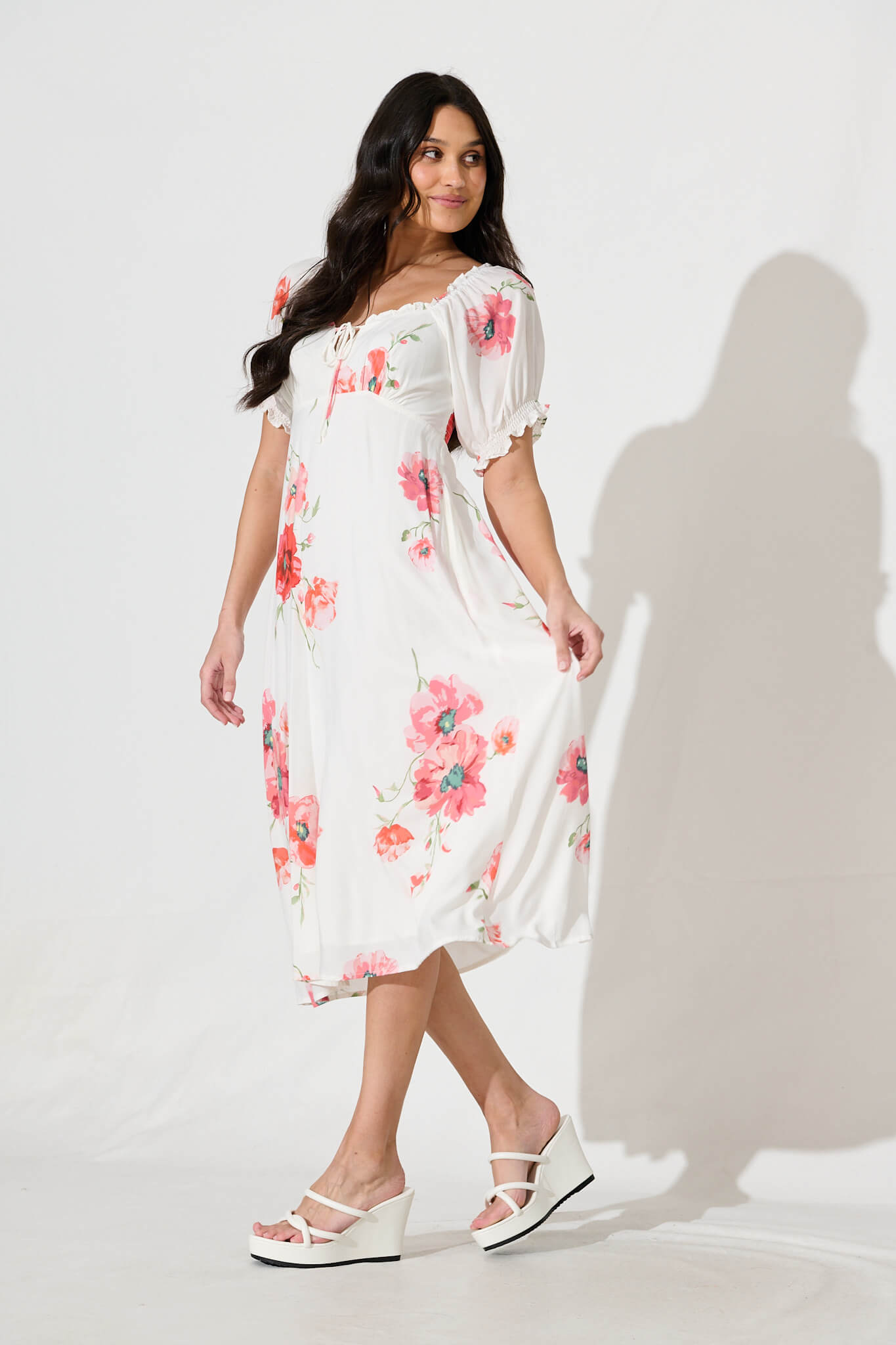 Doncia Midi Dress in White with Multi Red Floral