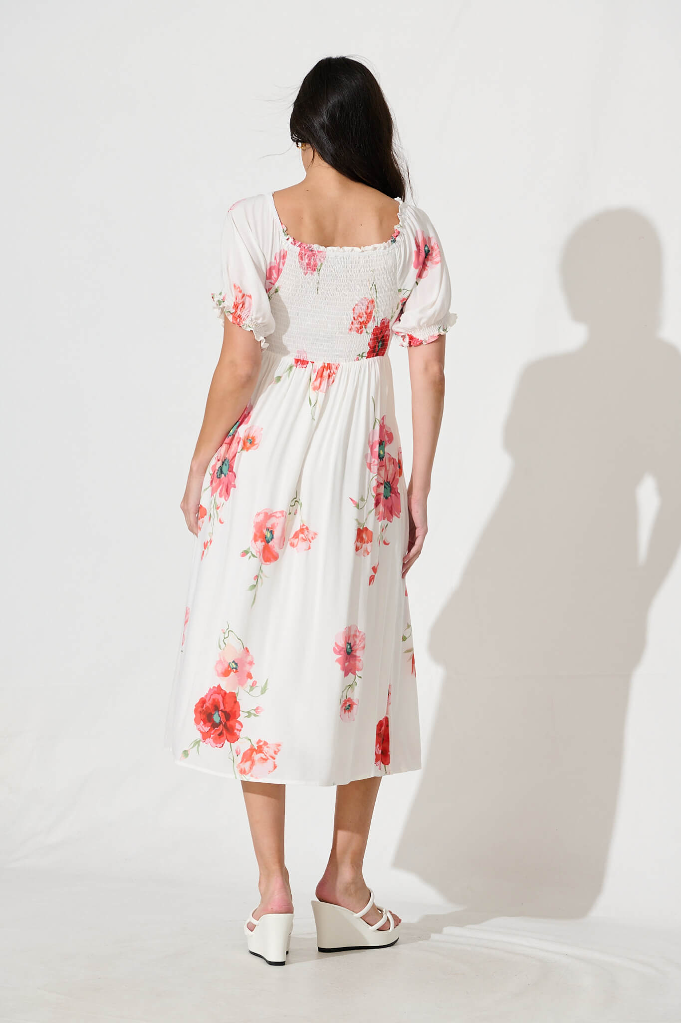 Doncia Midi Dress in White with Multi Red Floral