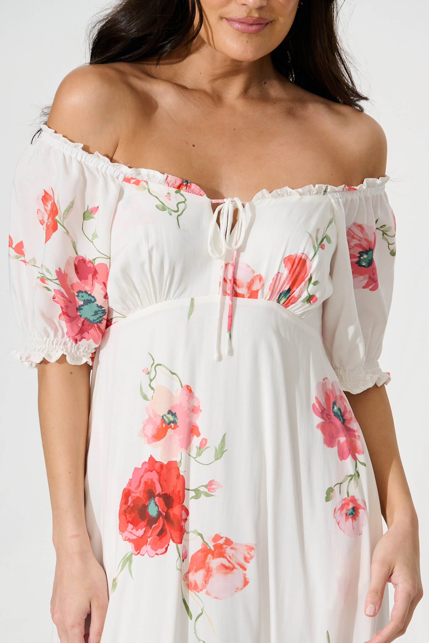 Doncia Midi Dress in White with Multi Red Floral
