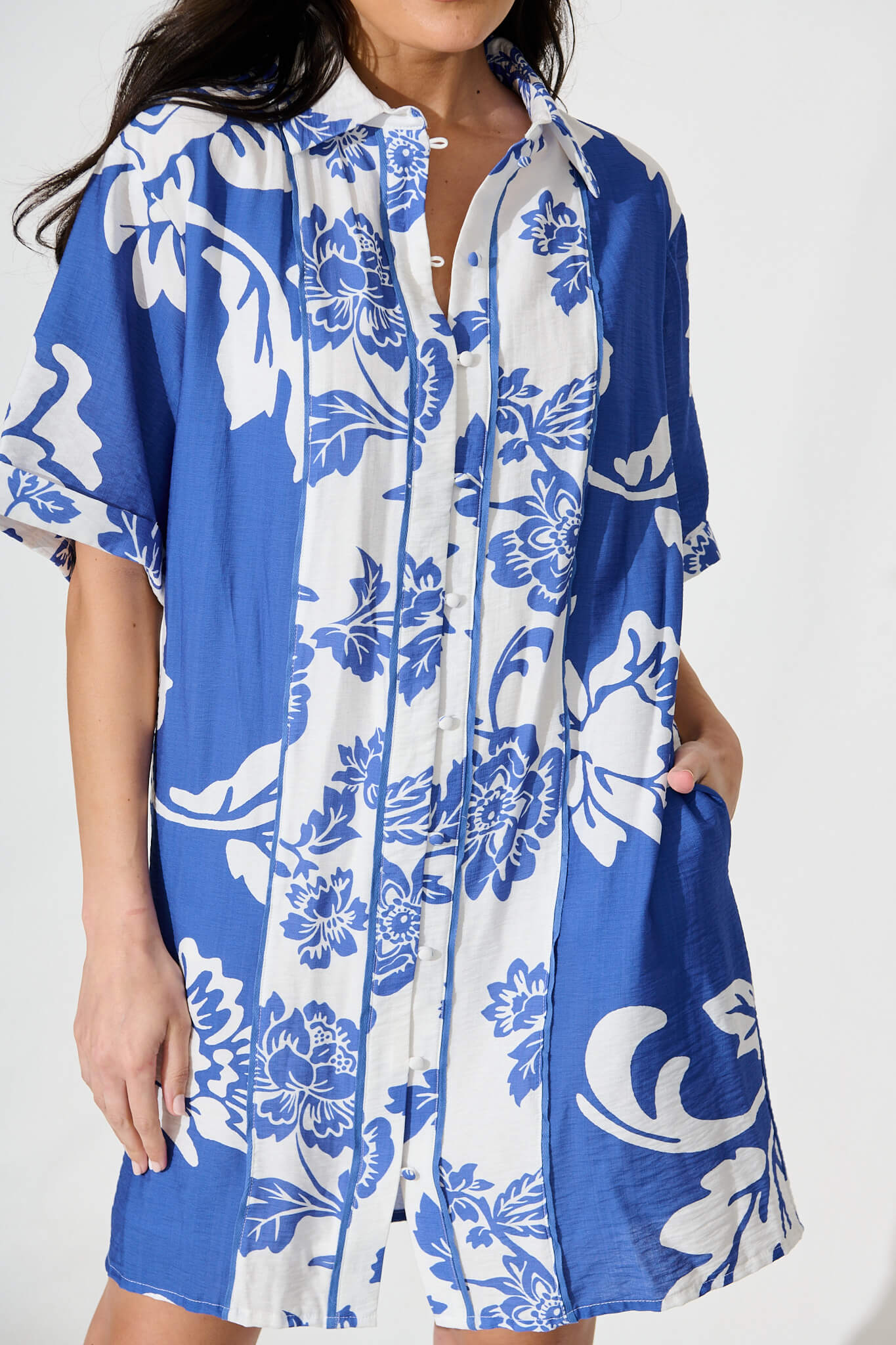 Spirit Shirt Dress In Blue With White Floral Print