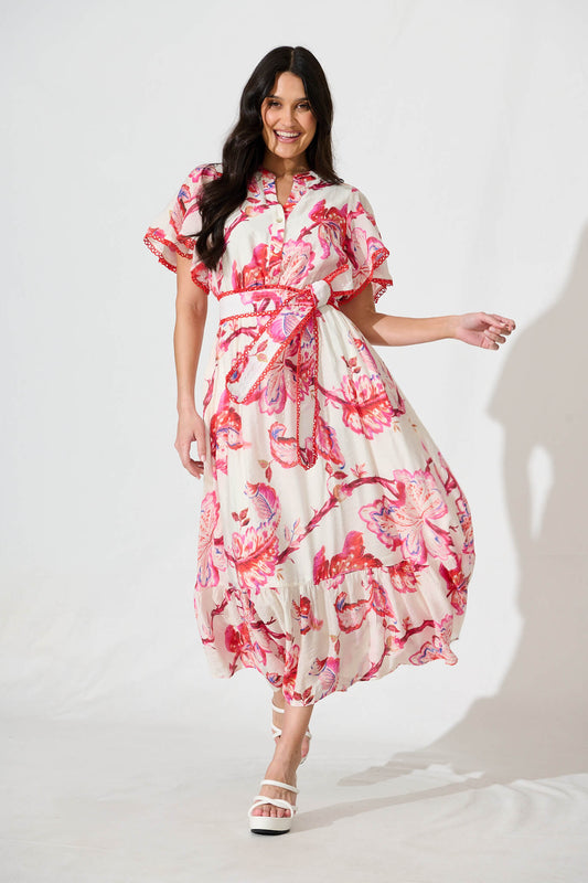Yuki Midi Dress in White with Pink Floral