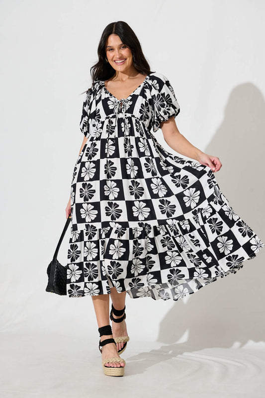 Marchena Midi Dress in Black and White Flower Print