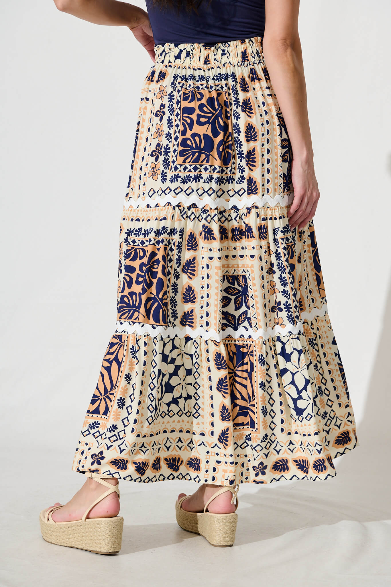 Arcadia Maxi Skirt in Beige and Navy With Ric Rac Trim