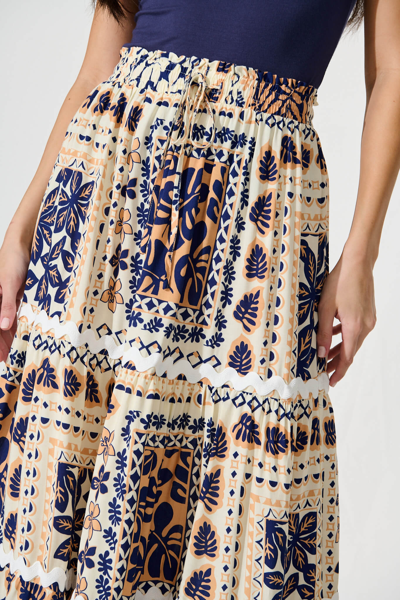 Arcadia Maxi Skirt in Beige and Navy With Ric Rac Trim