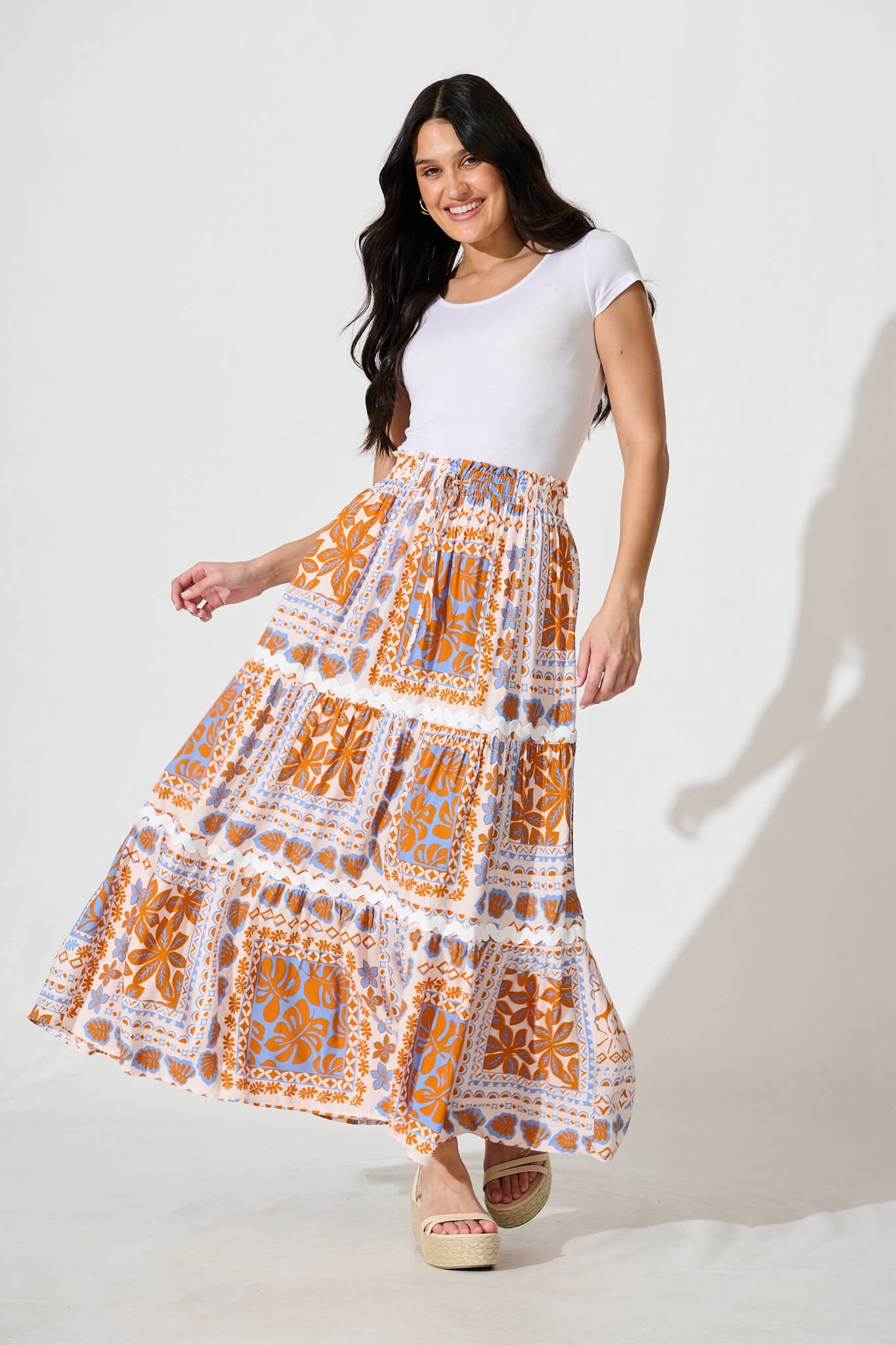 Arcadia Maxi Skirt in Multi Orange With Ric Rac Trim