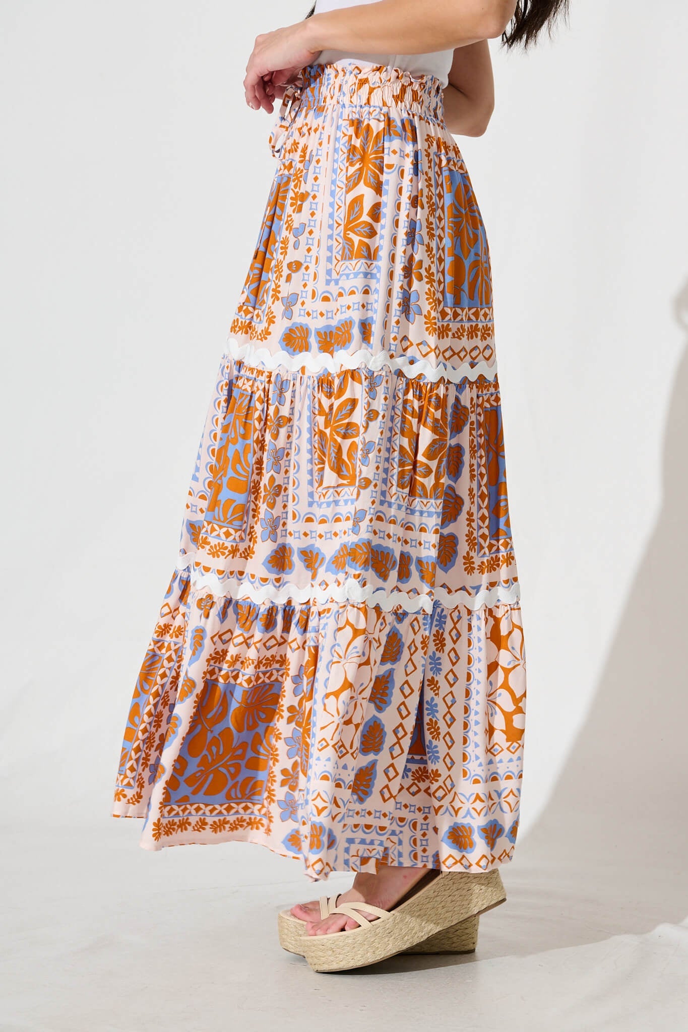 Arcadia Maxi Skirt in Multi Orange With Ric Rac Trim