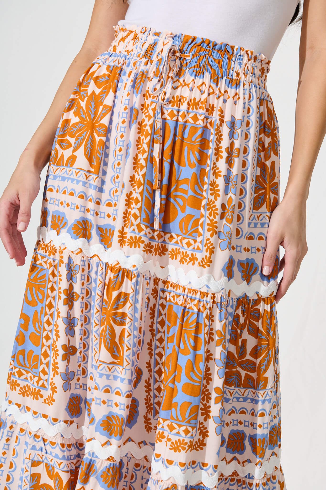 Arcadia Maxi Skirt in Multi Orange With Ric Rac Trim
