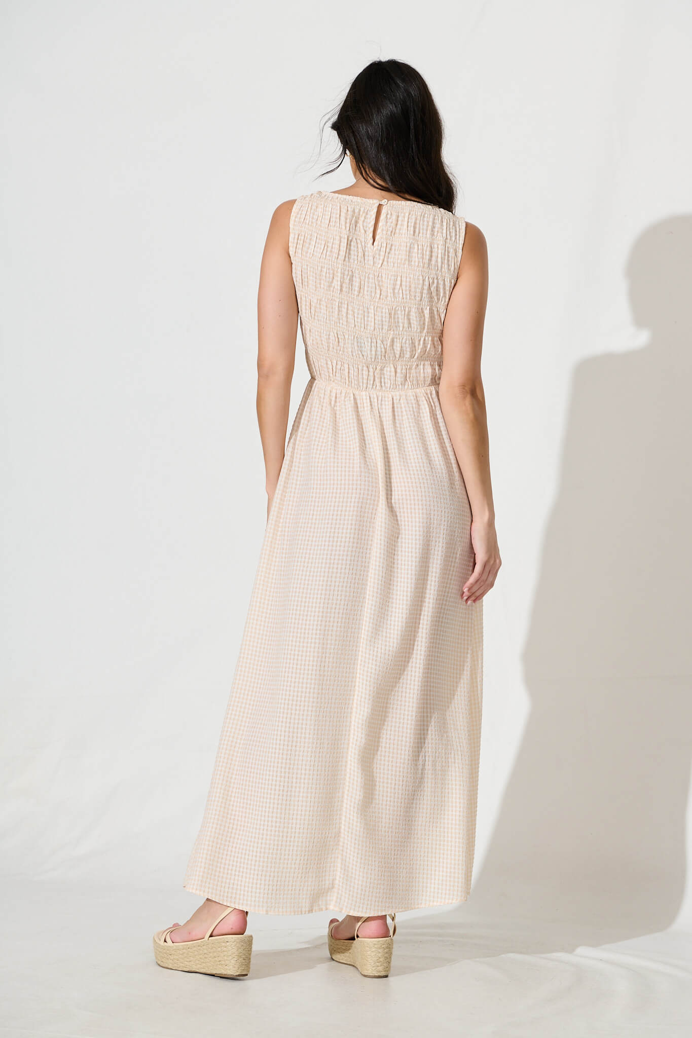 Ionia Maxi Dress in Beige and White Gingham
