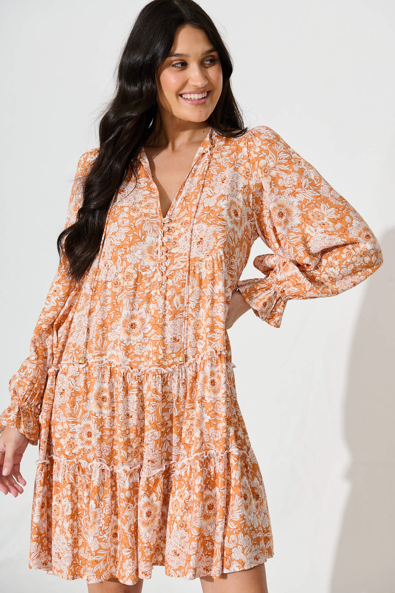 Gene Smock Dress in White and Orange Floral