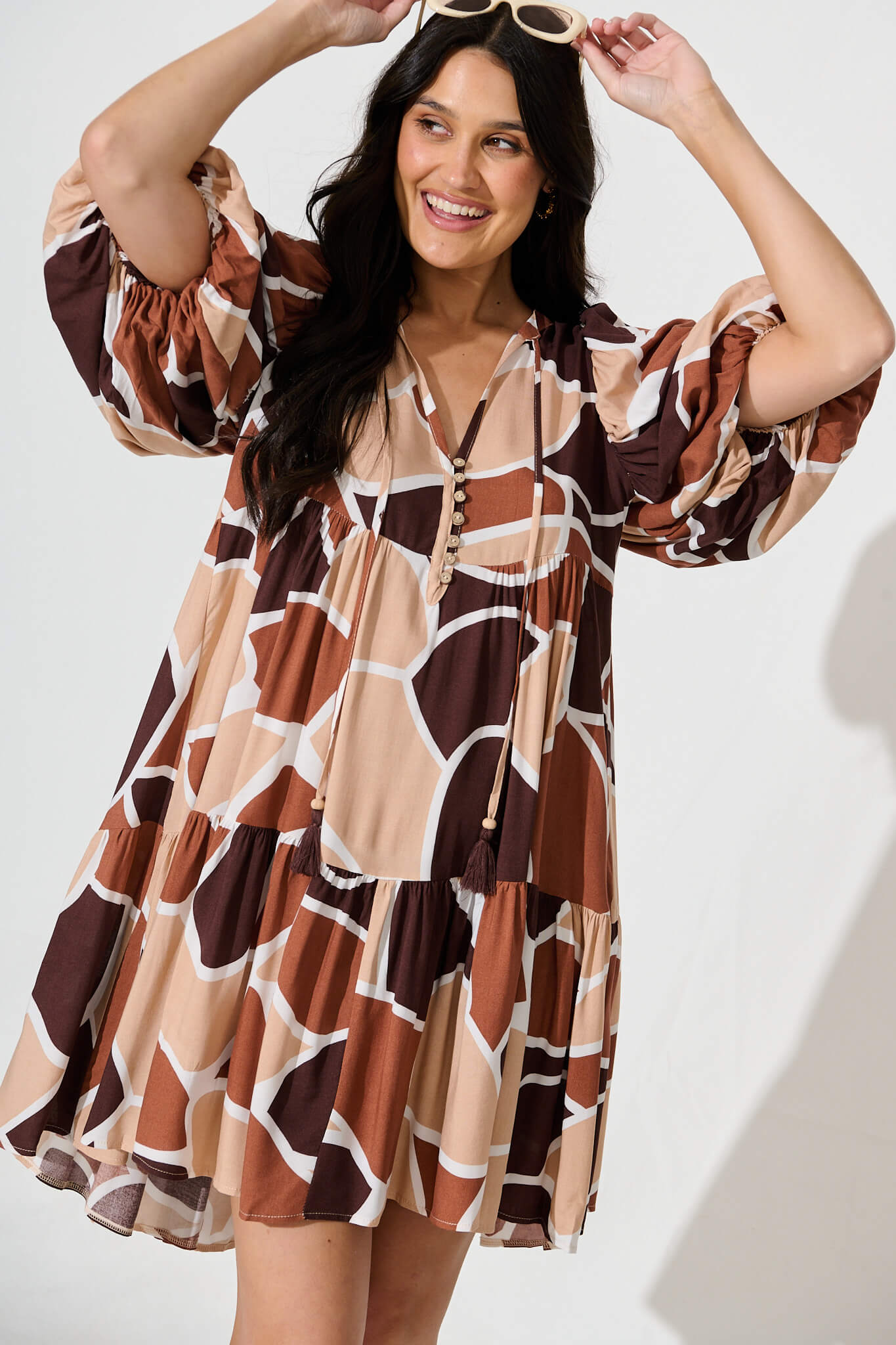 Minnesota Smock Dress in Brown and Beige Print