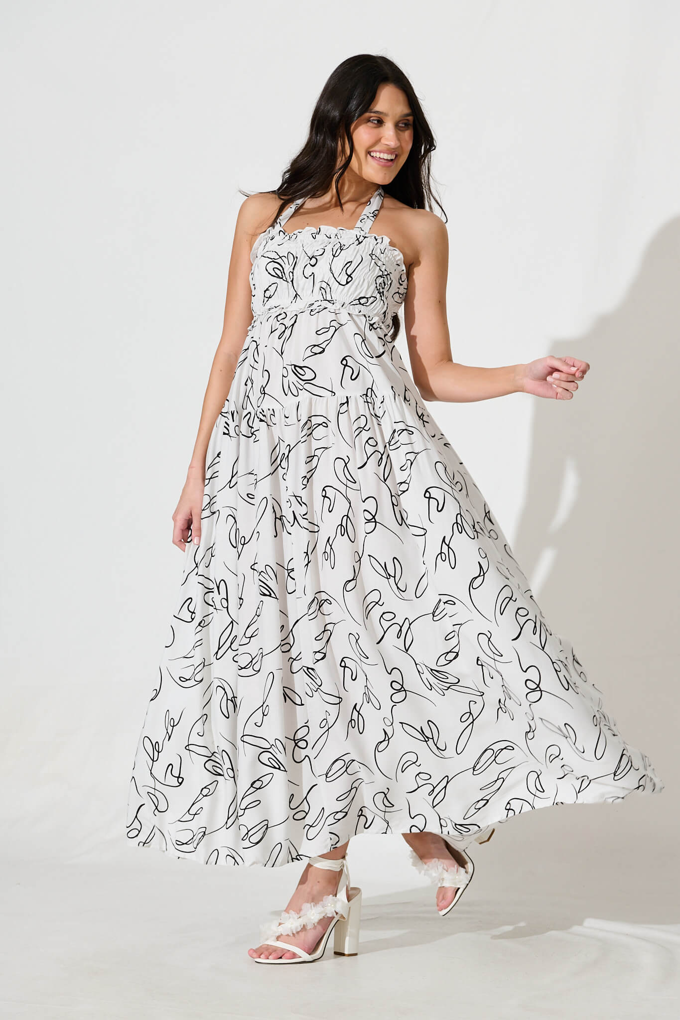 Luisa Maxi Sundress In White with Black Sketch Print